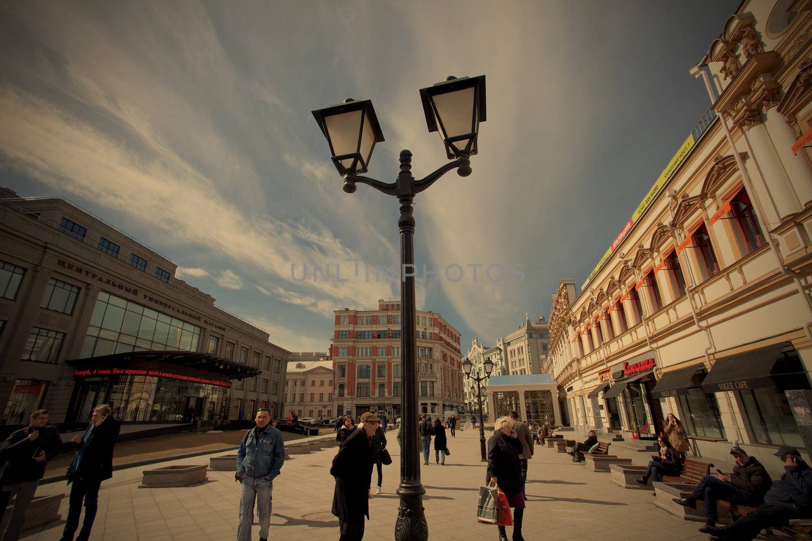 Moscow, Russia, Kuznetsky Most street at spring morning, 2014, april, instagram image style, editorial use only