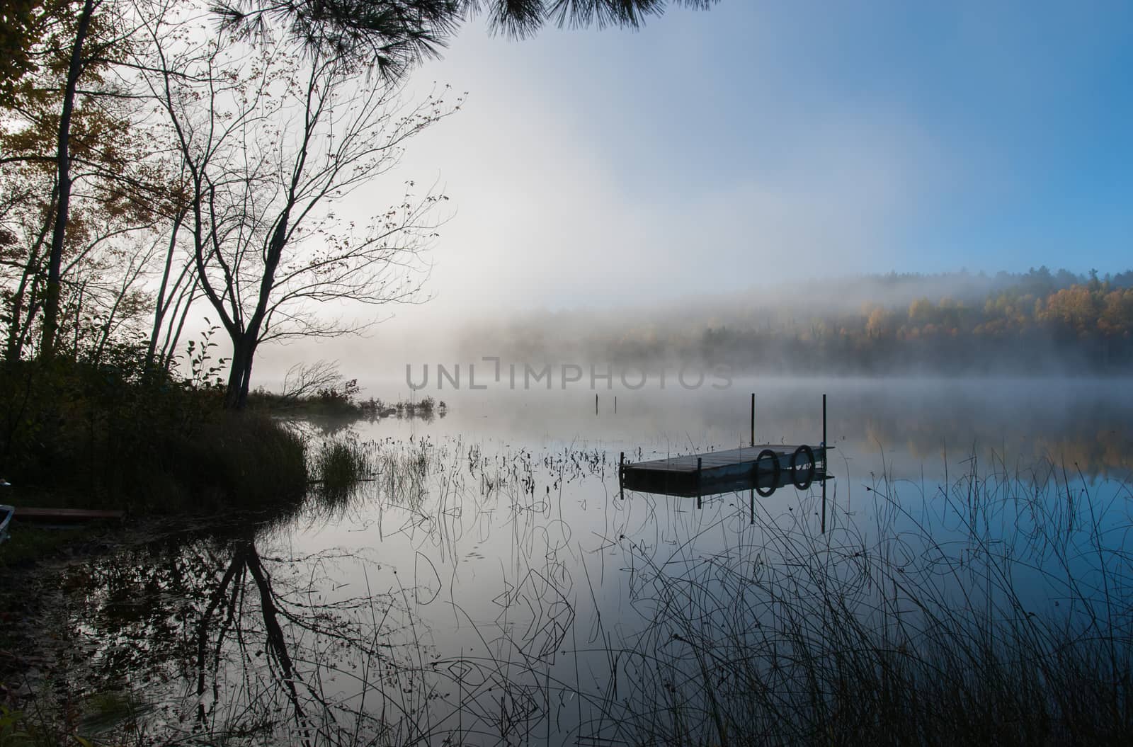 Fog on a northern Ontario Lake.  Stranded swimming dock. by valleyboi63