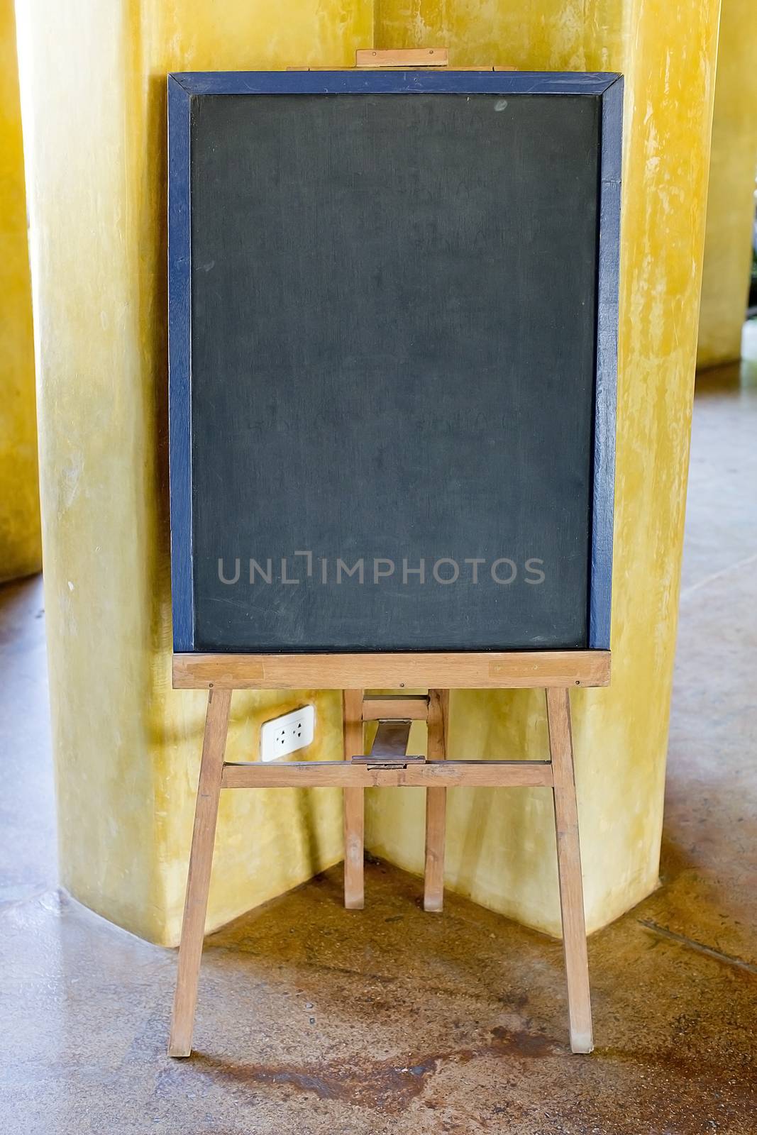 Blank menu chalkboard in wooden frame isolated on white background (Save Paths For design work)