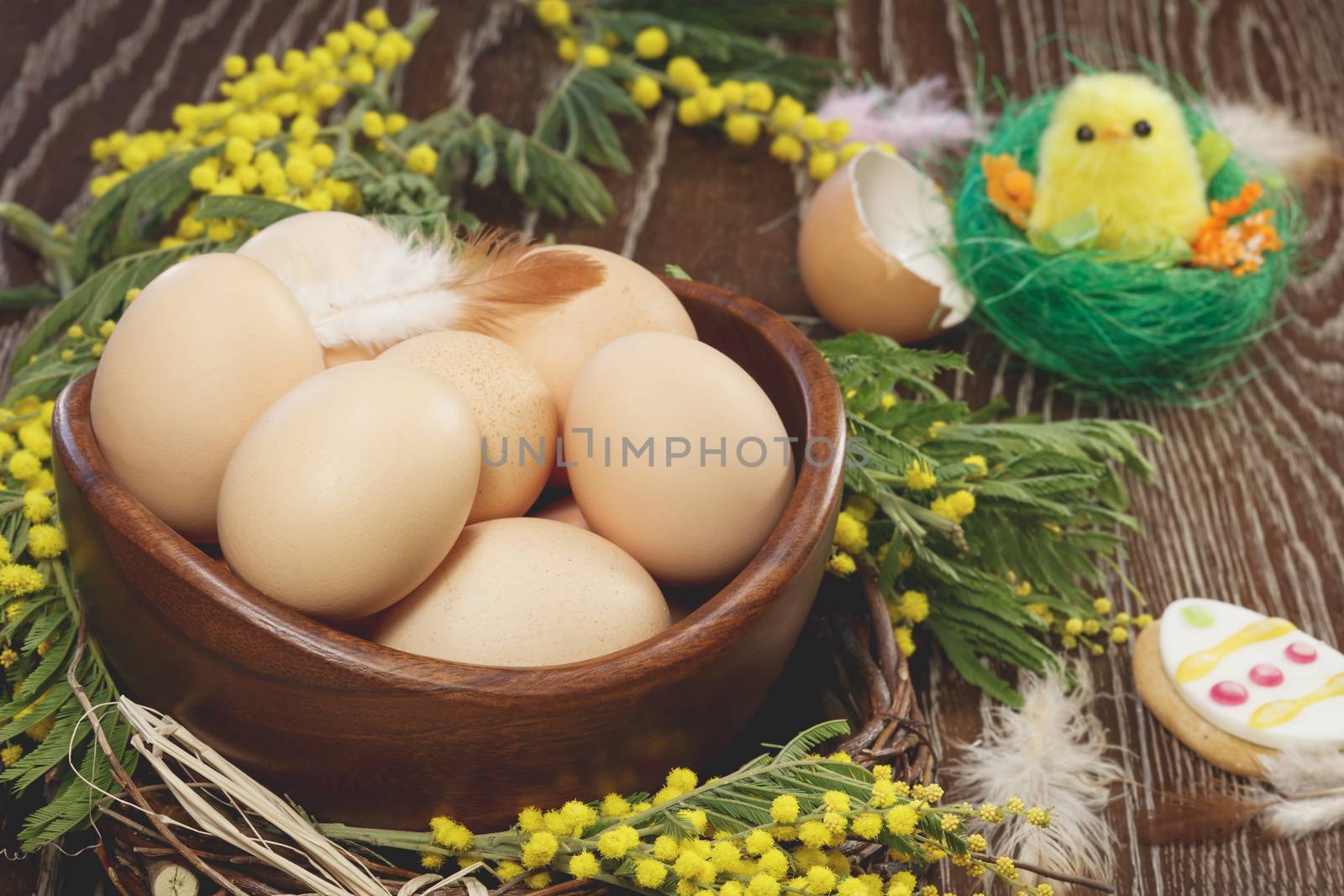 Chicken eggs prepared for Easter dying. Macro, selective focus. Done with a vintage retro filter