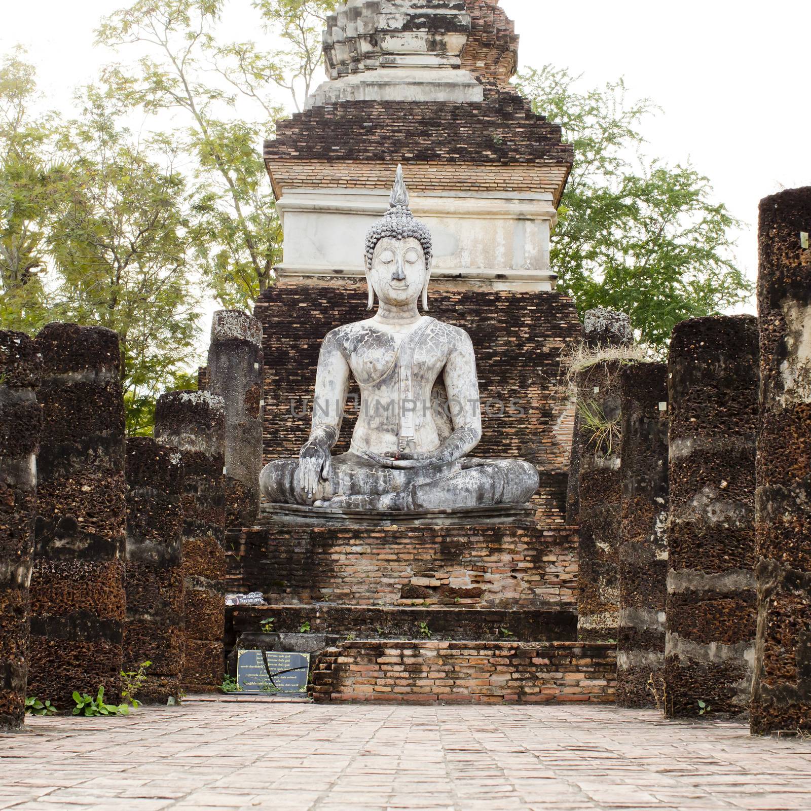 Buddha Statue in Wat Mahathat Temple in Sukhothai Historical park at sunrise, Thailand