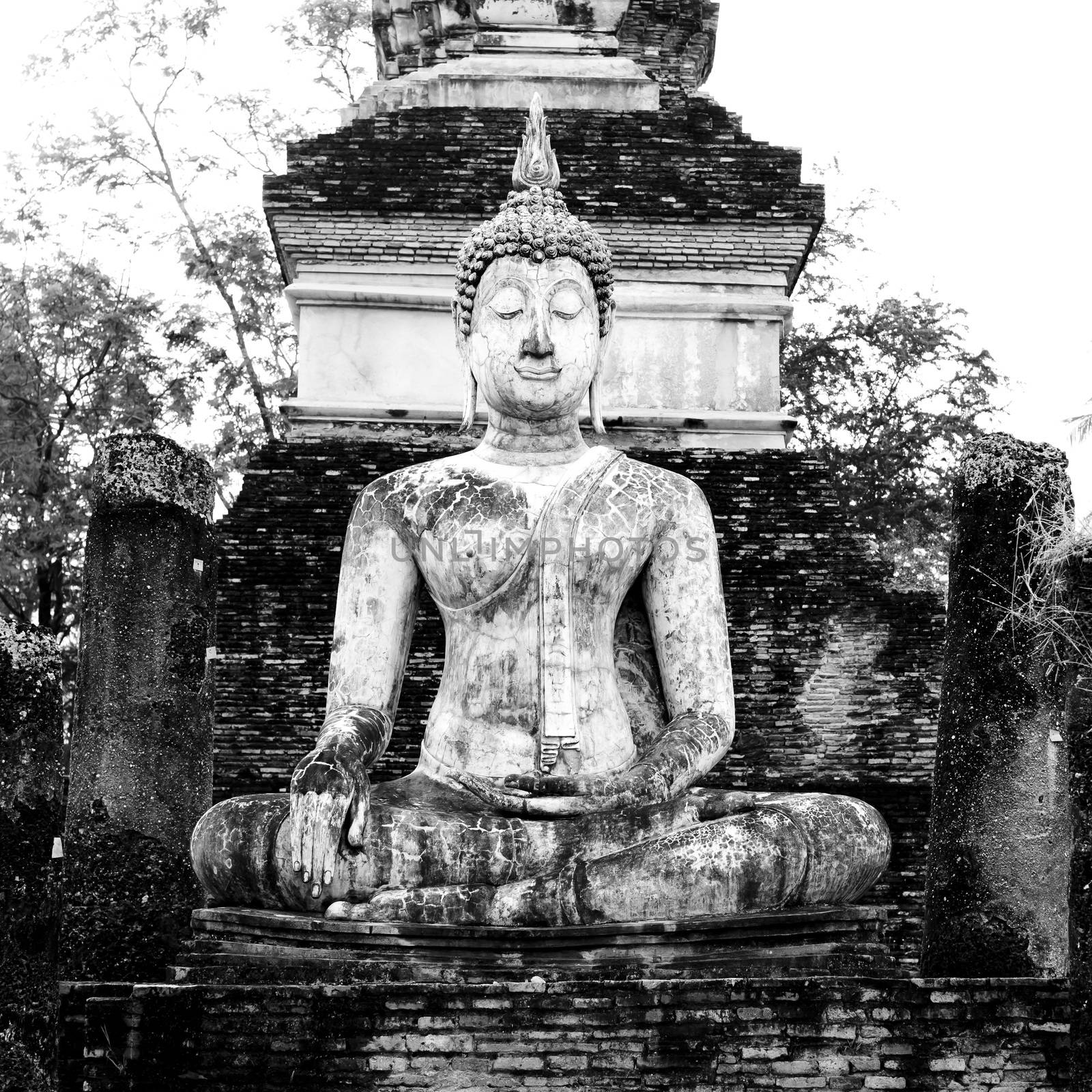 Buddha Statue in Wat Mahathat Temple in Sukhothai Historical park at sunrise, Thailand
