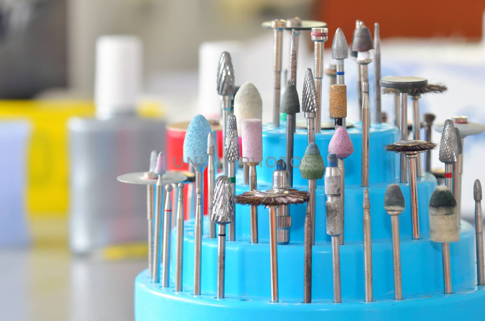 Burs, polishers, drills and brushes in a dental lab