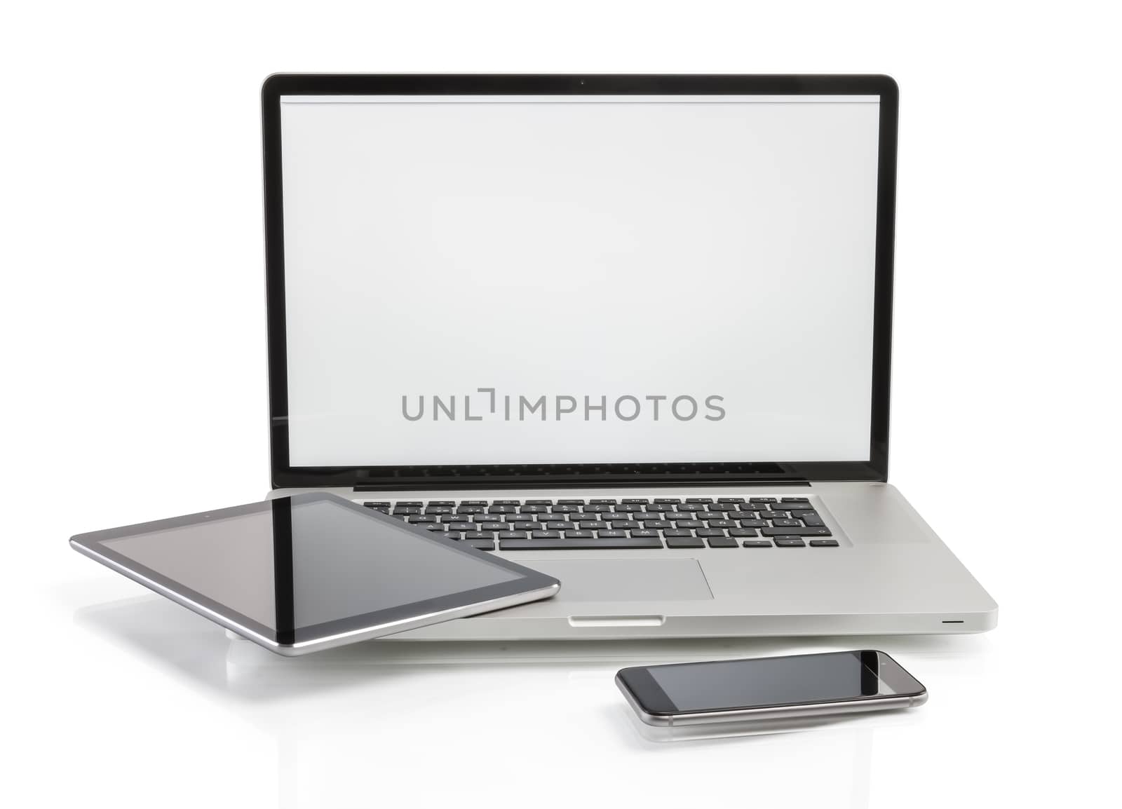 Laptop, tablet and phone with copy space on screen by manaemedia