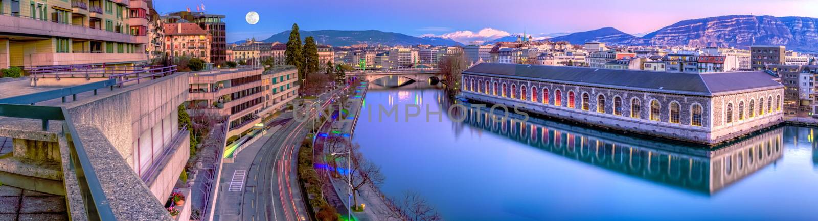 BFM, building and Rhone river by night with full moon, Geneva, Switzerland