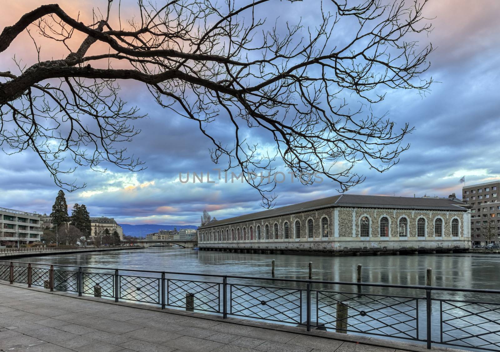 BFM, promenade and Rhone river by sunset, Geneva, Switzerland