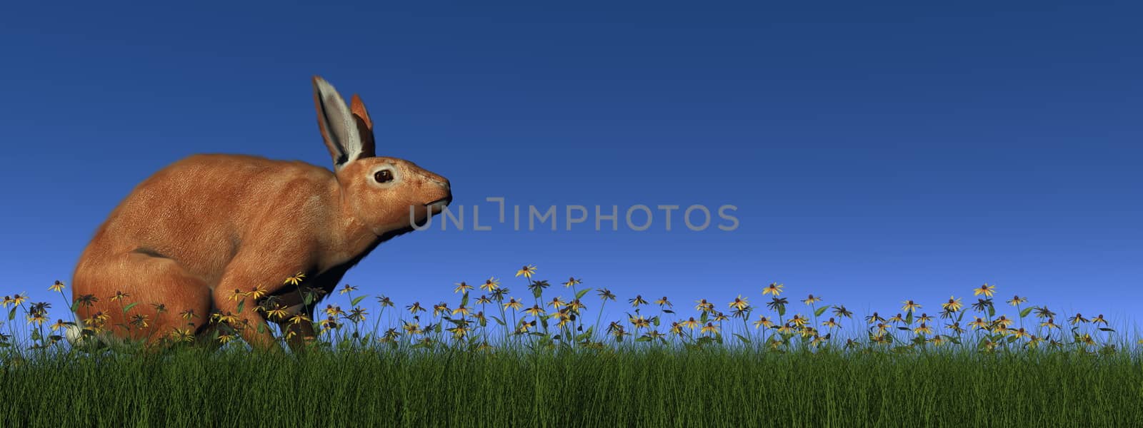Red rabbit standing in the grass with flowers by blue day - 3D render