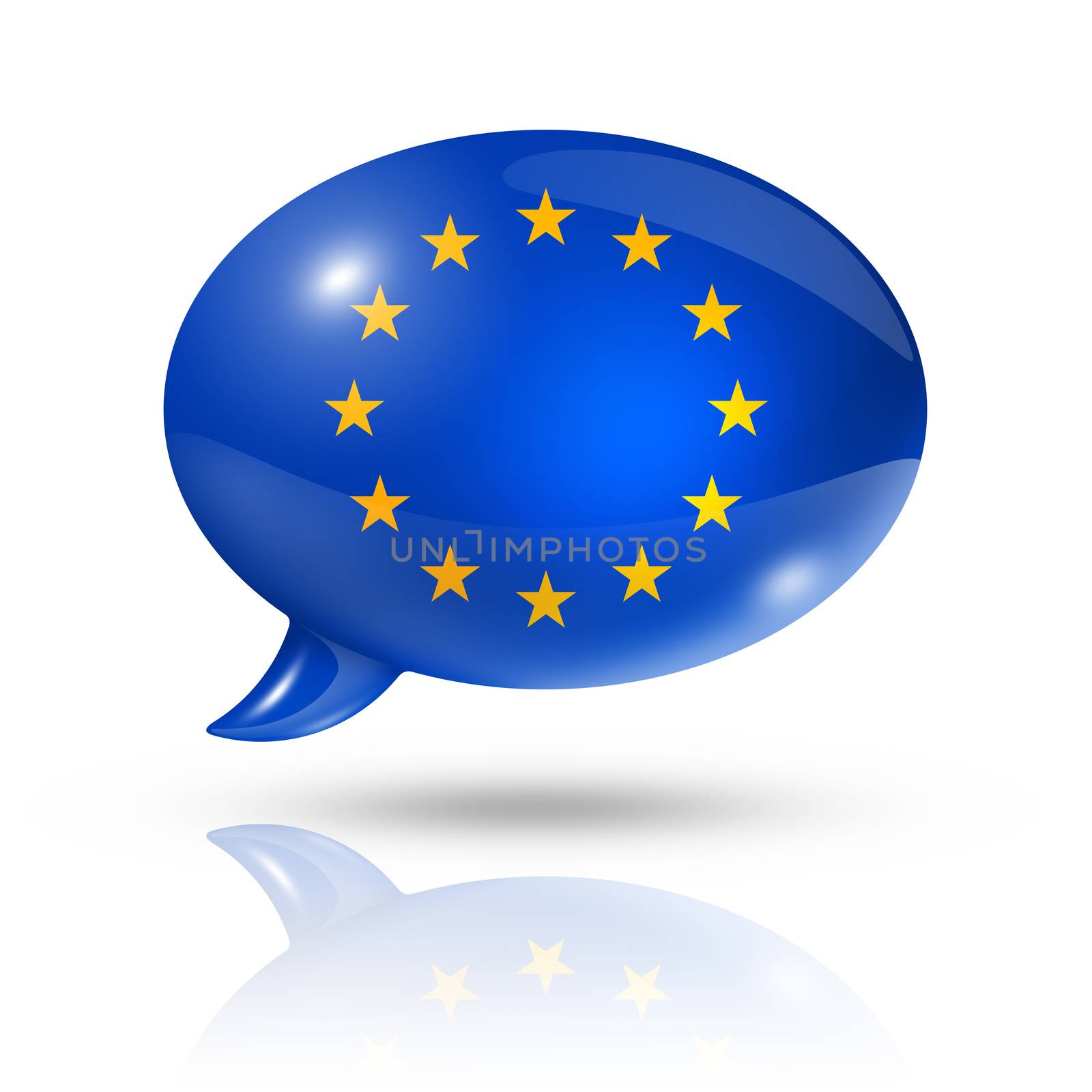 three dimensional European union flag in a speech bubble isolated on white with clipping path