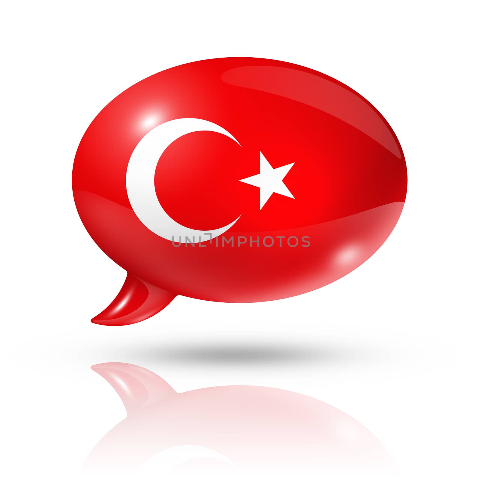 three dimensional Turkey flag in a speech bubble isolated on white with clipping path