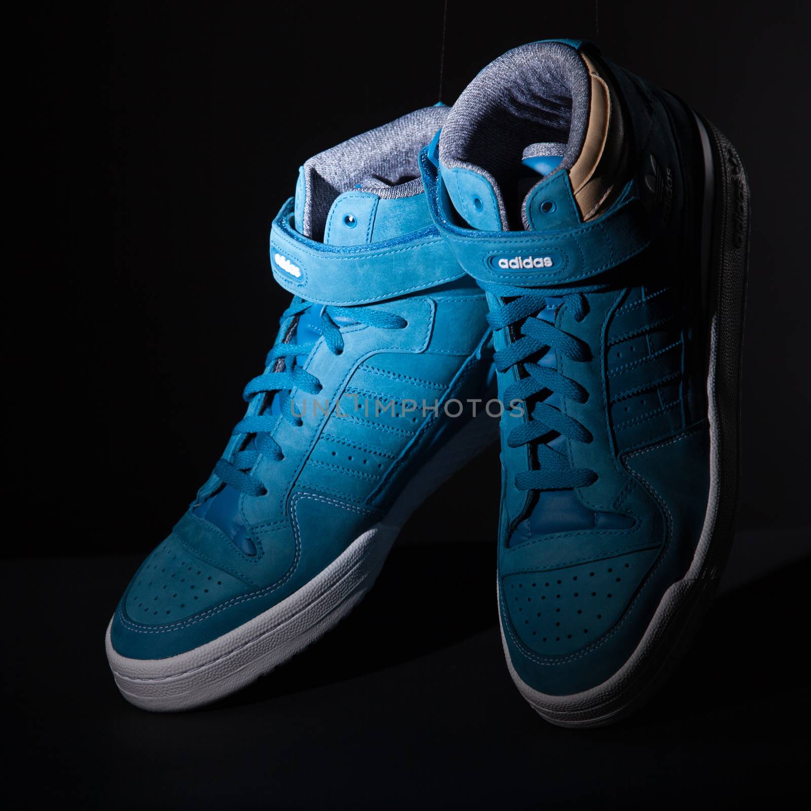 Ukraine, Kiev - FEBRUARY 2, 2015: Adidas origibal. Picture of a pair of blue trainers over a black background