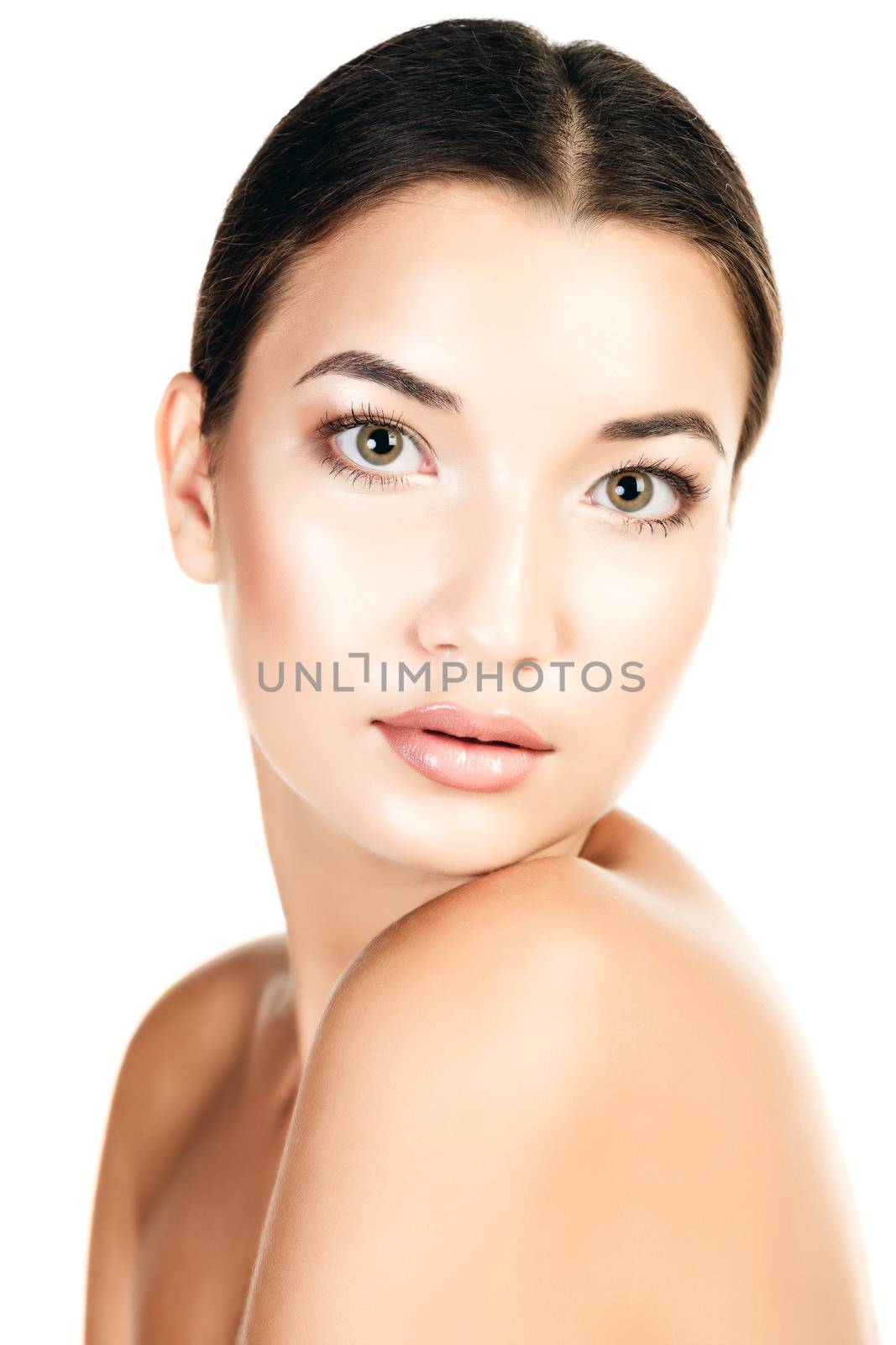 Beautiful girl with clean fresh skin, white background, copyspace