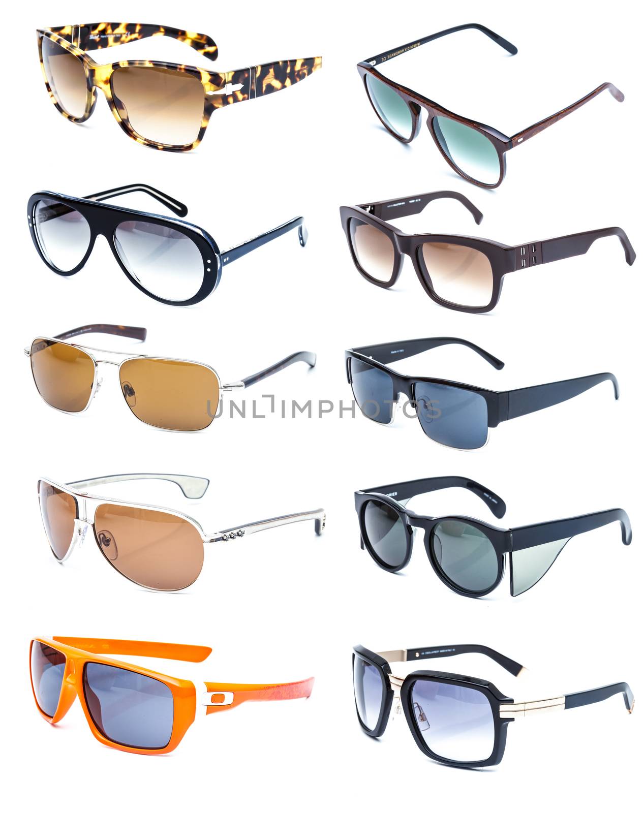 collection of colorful sunglasses on white background by sarymsakov
