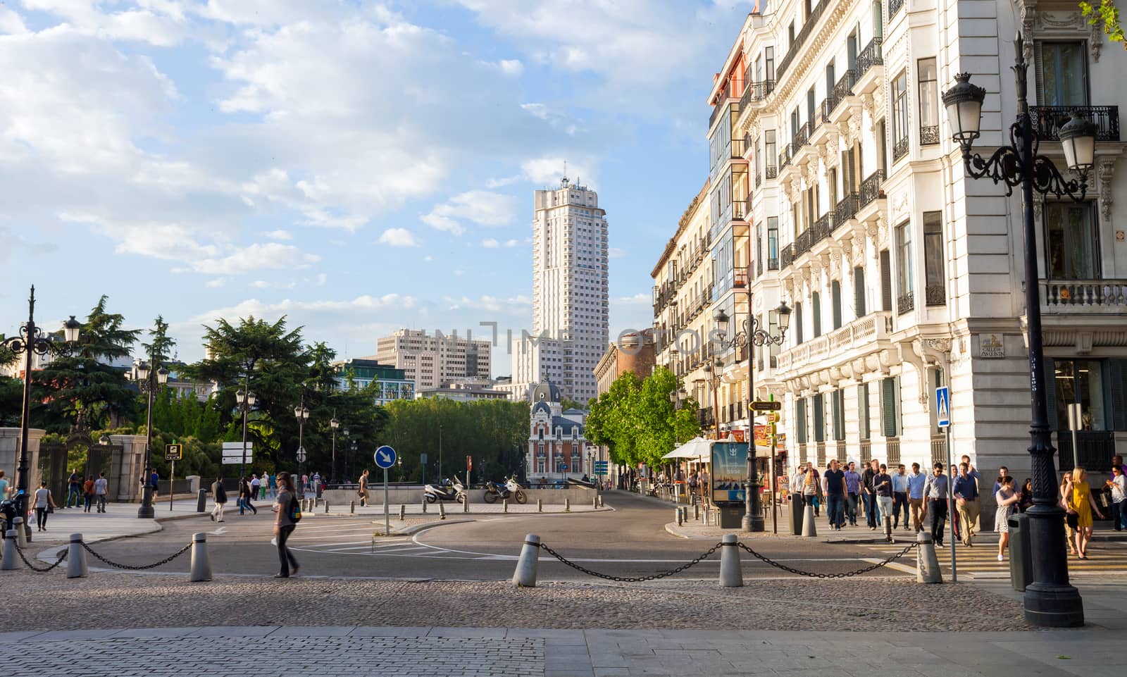 Madrid, Spain - May 6, 2012: Torre de Madrid building sunnset view from "Calle de San Quintin" street on a spring day in Madrid, Spain.