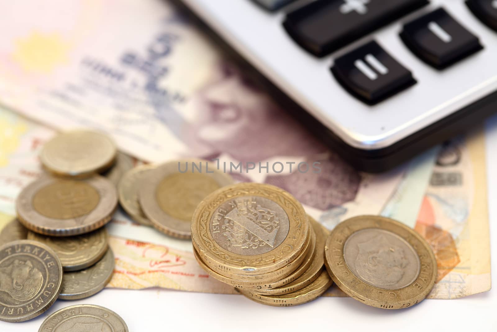 Turkish lira bills, coins and calculator close up, shallow DOF