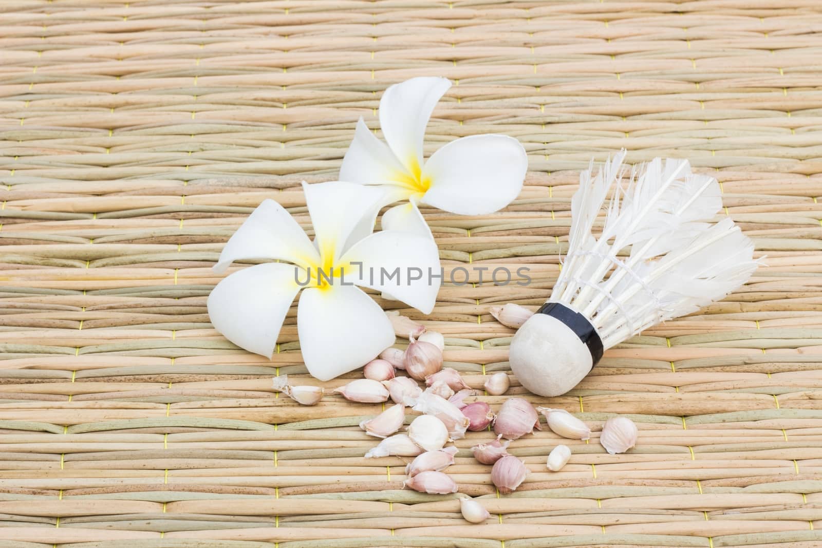 Plumeria garlic and shuttle cock on traditional mat, concept healthy life consists of food and exercise