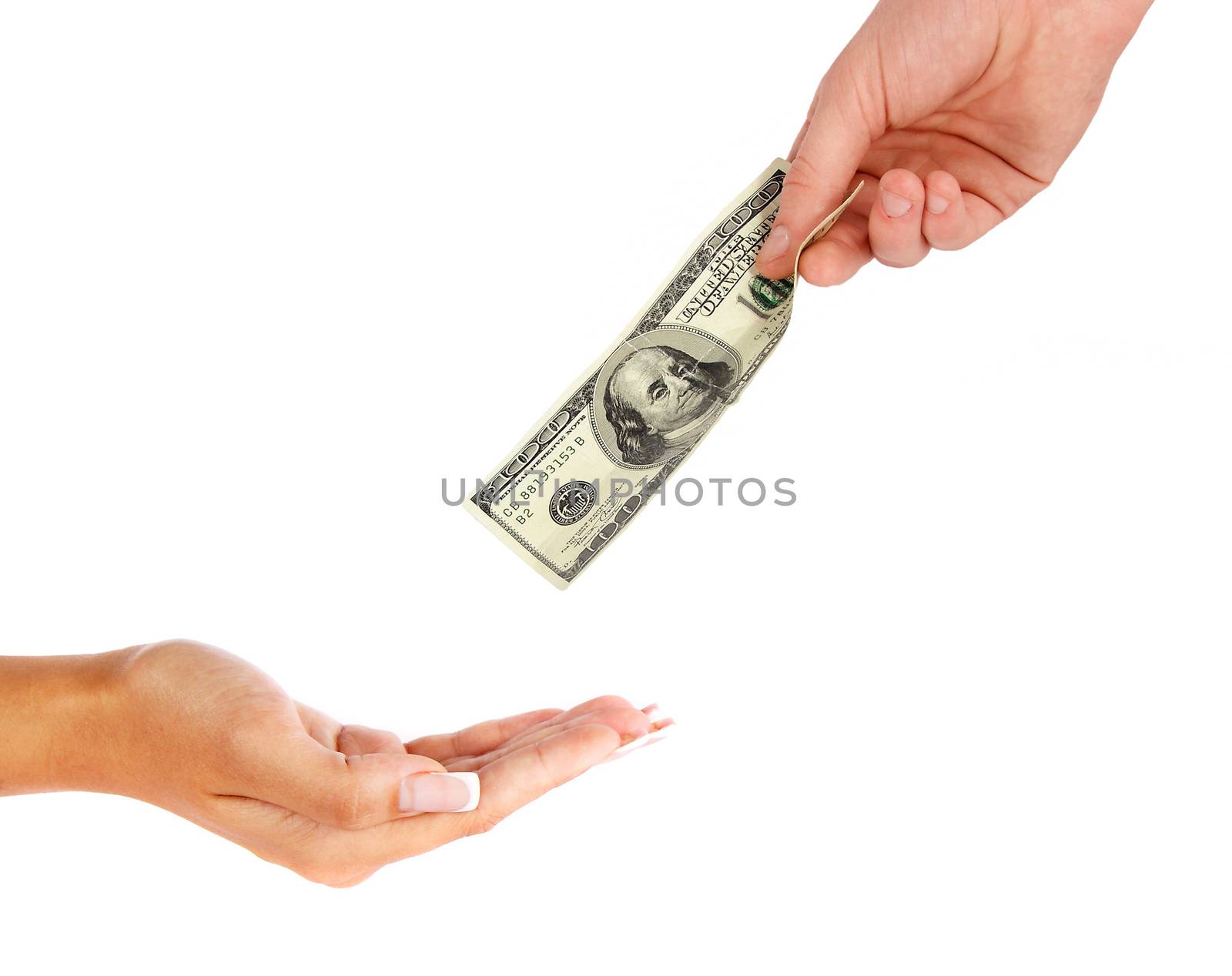 Hand giving money to other hand isolated