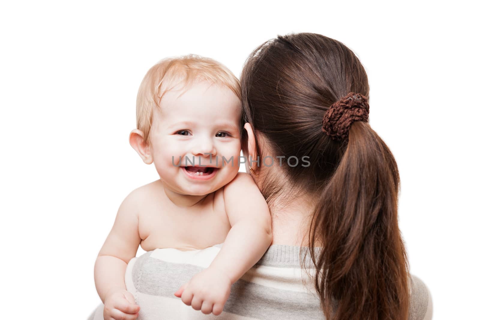 Loving mother hand holding little cute smiling newborn baby child white isolated