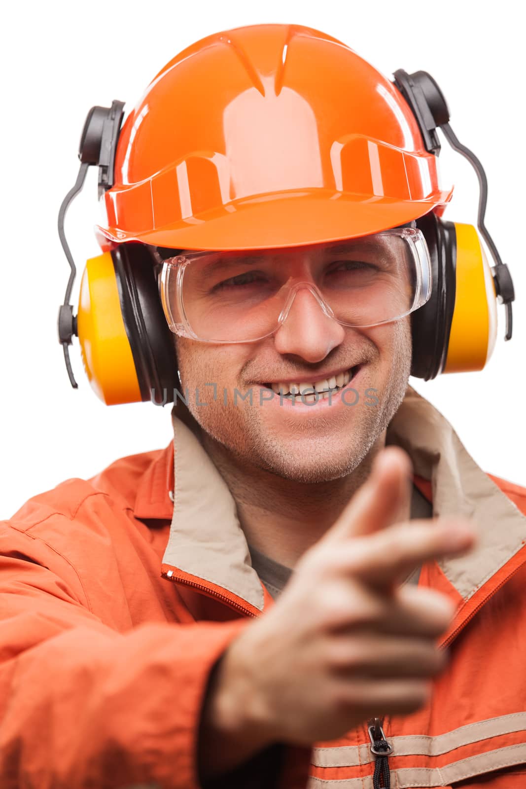 Construction building engineer or manual worker man in safety hardhat helmet finger pointing white isolated