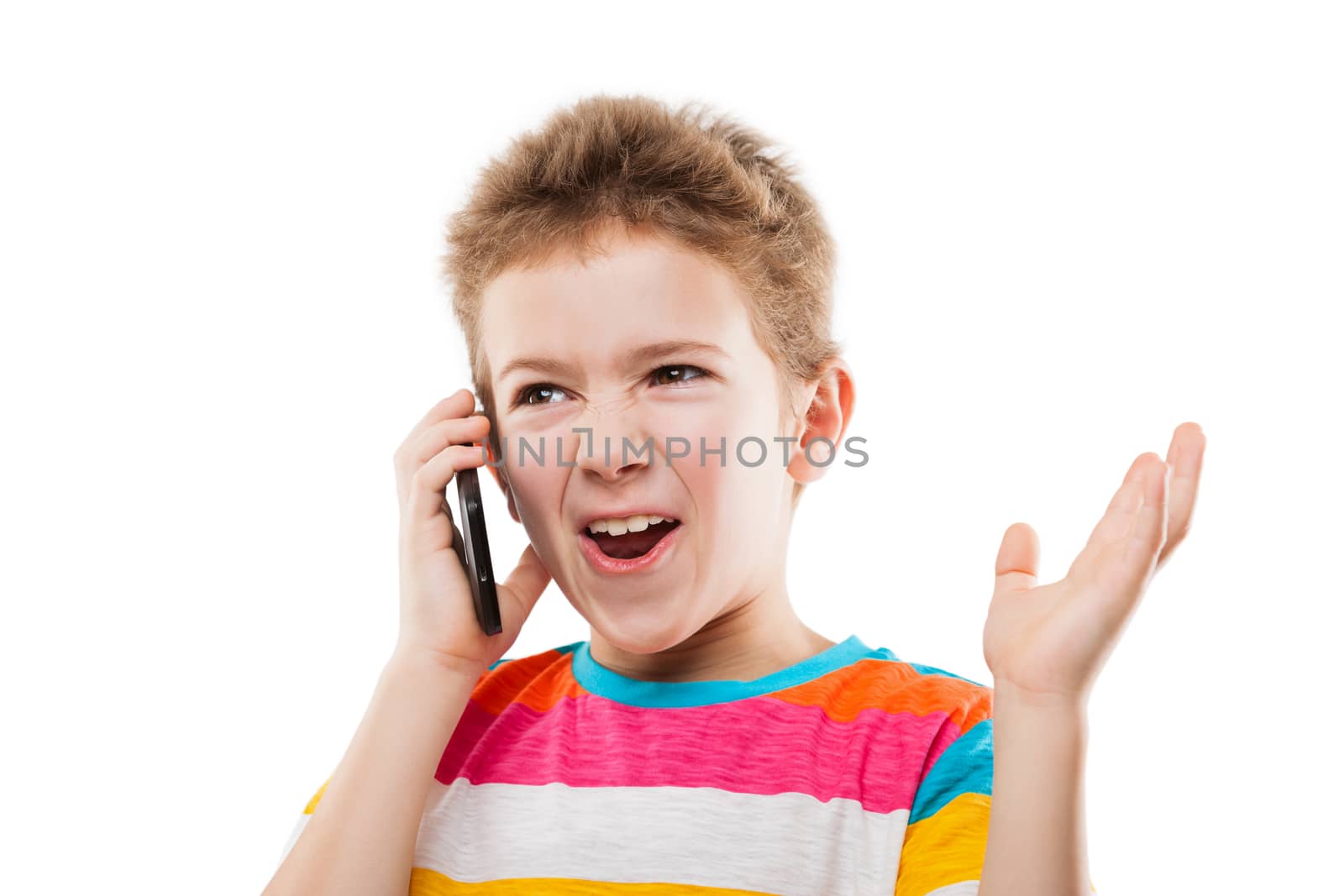Amazed and surprised child boy hand holding mobile phone or talking smartphone white isolated