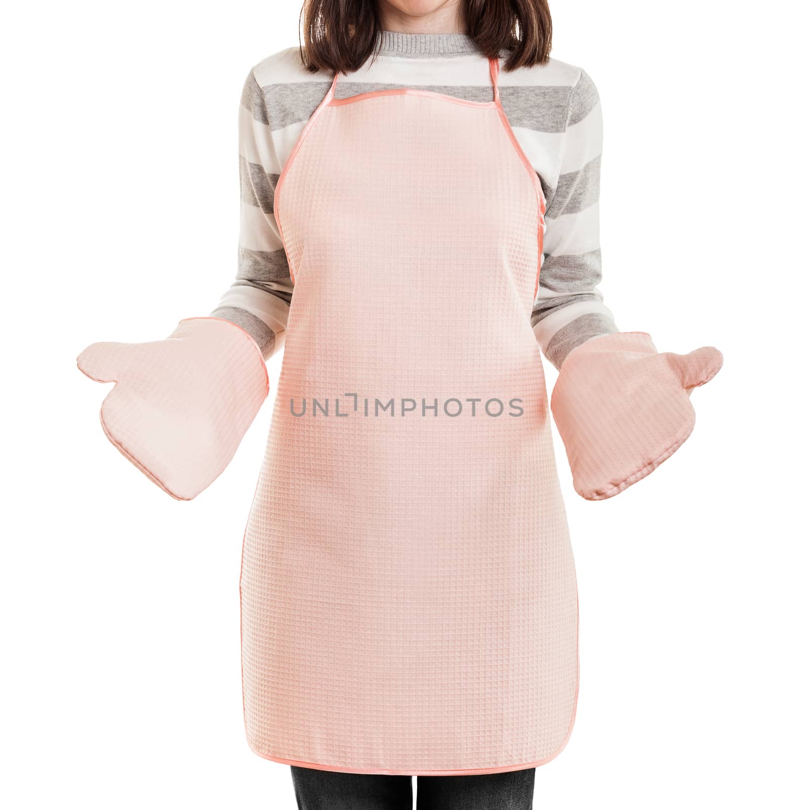 Kitchen working housewife wearing food cooking apron and oven mi by ia_64