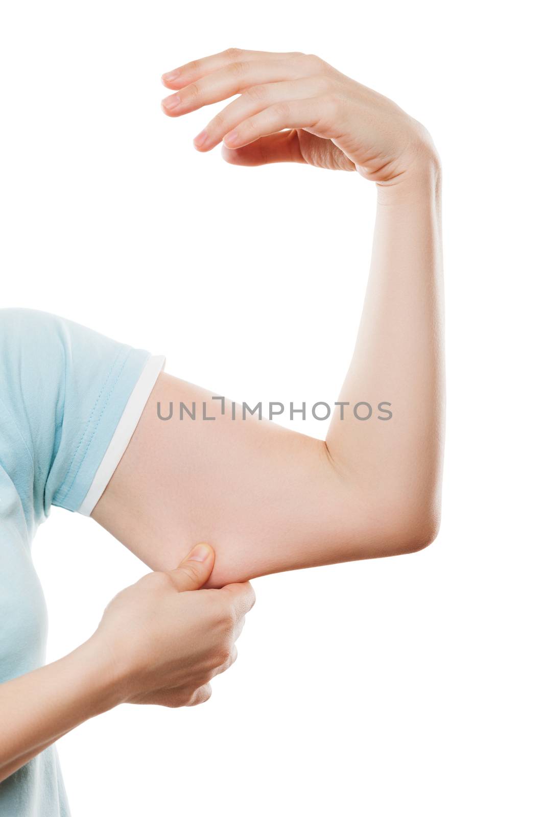 Overweight woman hand holding or pinching fat body weak flabby triceps muscle white isolated