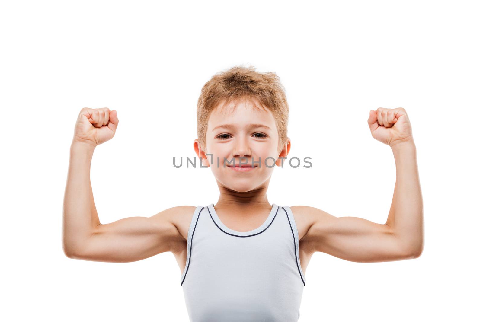 Smiling sport child boy showing his hand biceps muscles strength by ia_64
