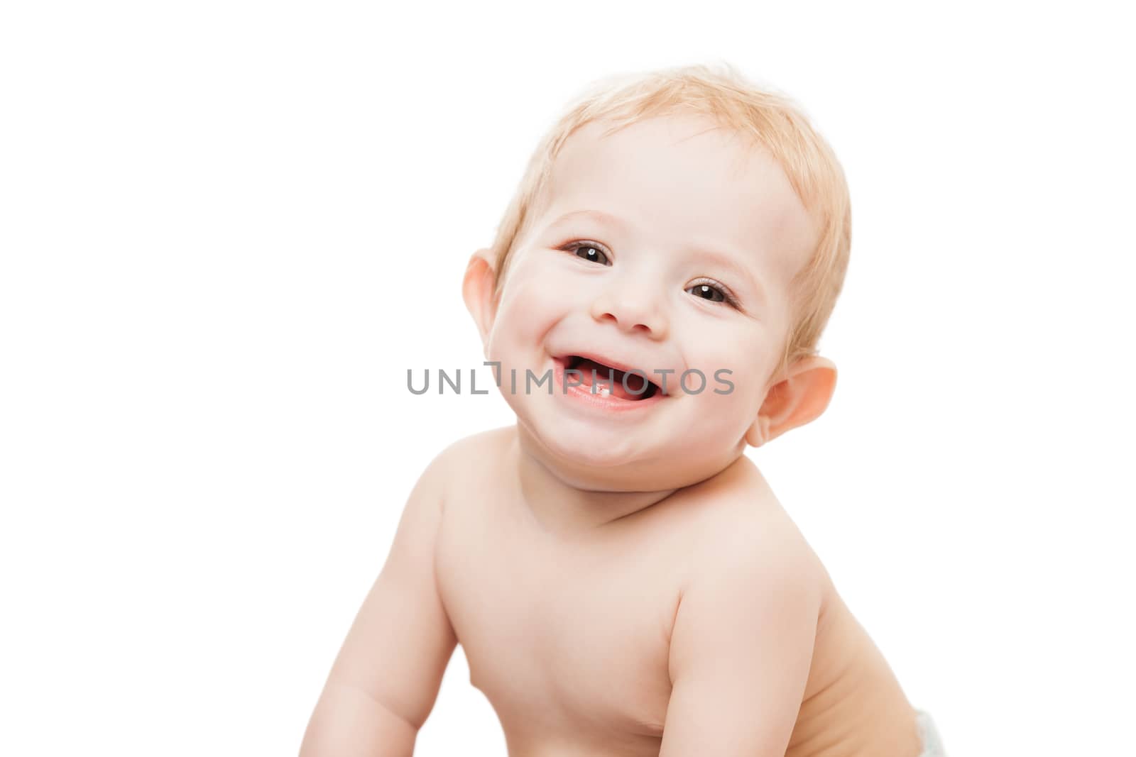 Little cute newborn baby child first milk or temporary teeth smiling face white isolated