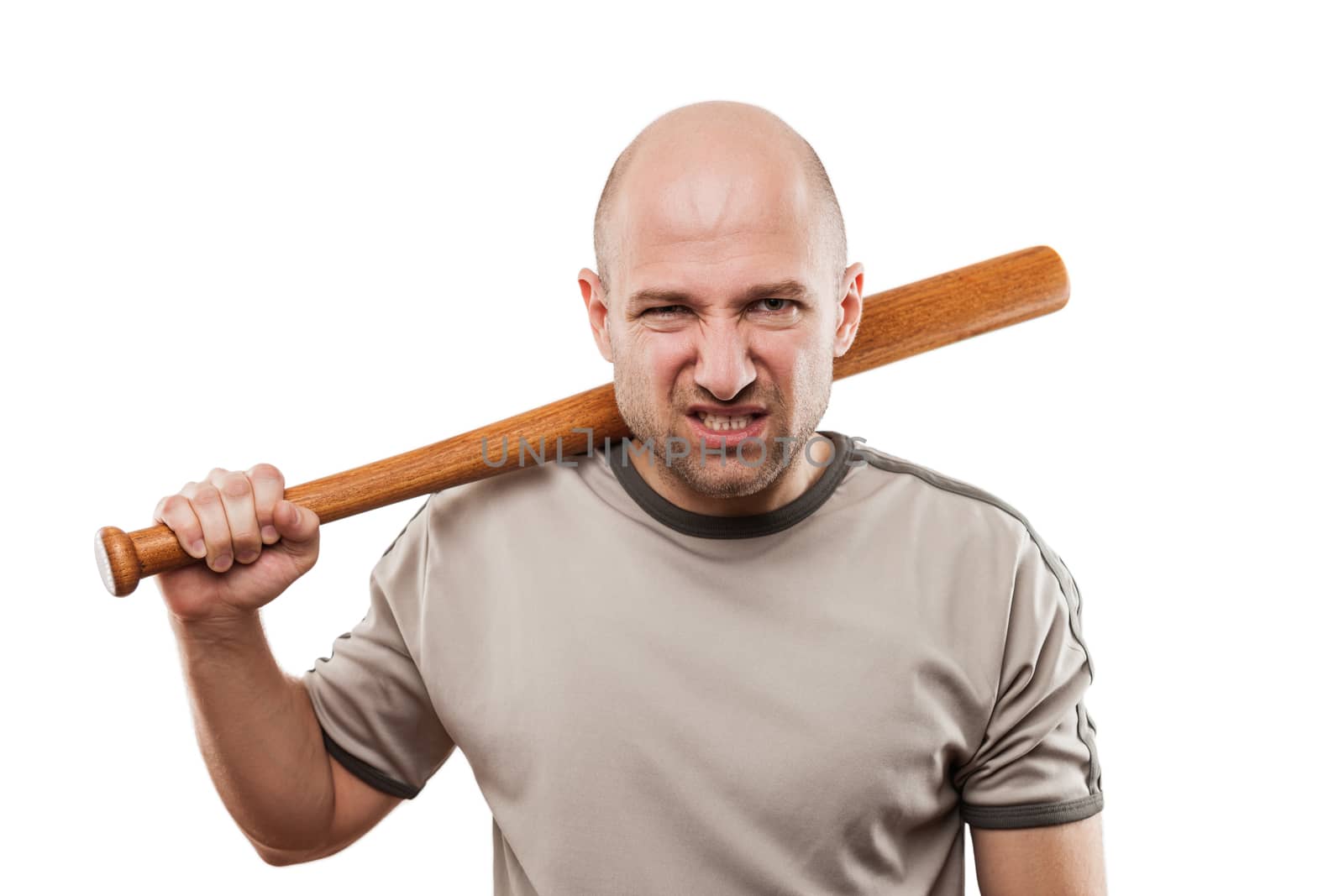 Violence and aggression concept - furious angry man hand holding baseball sport bat