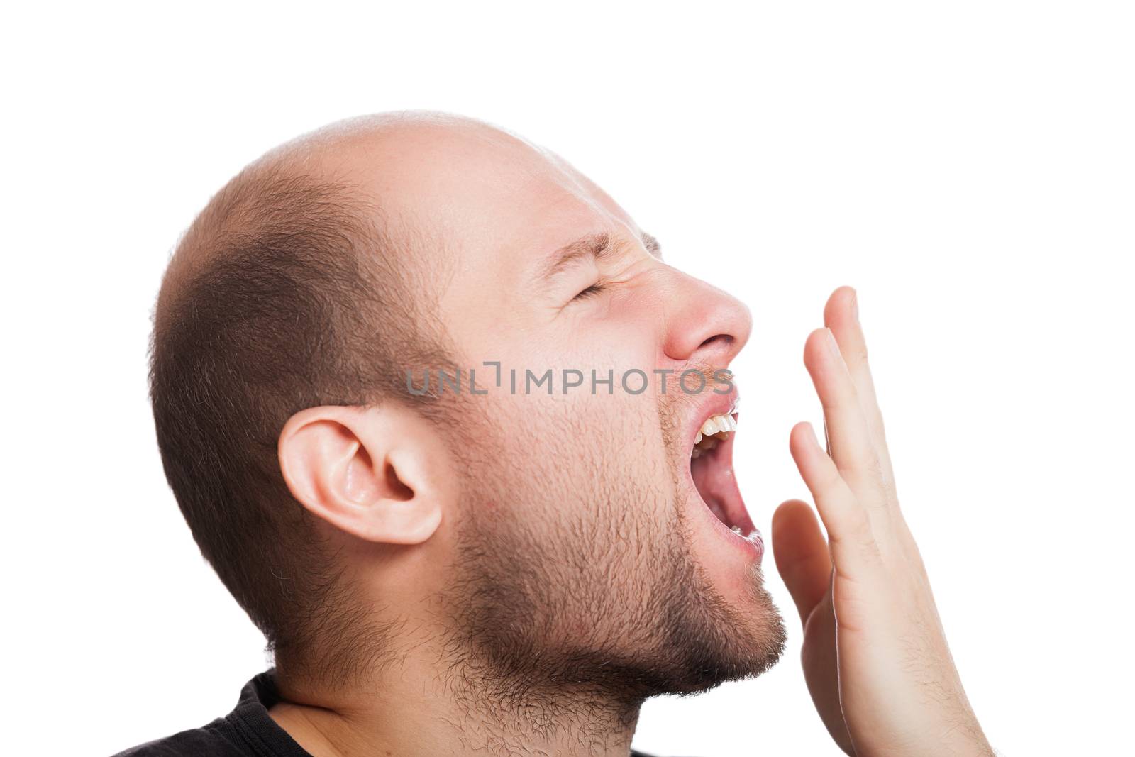 Tired adult man wide open mouth yawning white isolated