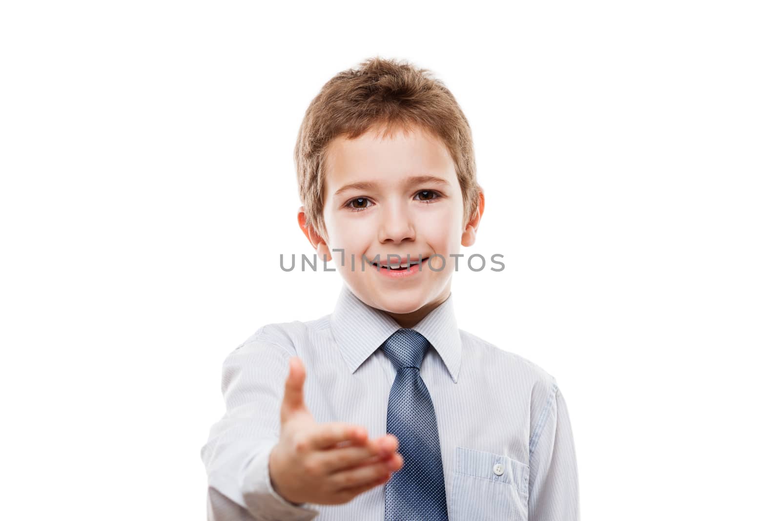 Little smiling child boy gesturing hand greeting or meeting handshake white isolated