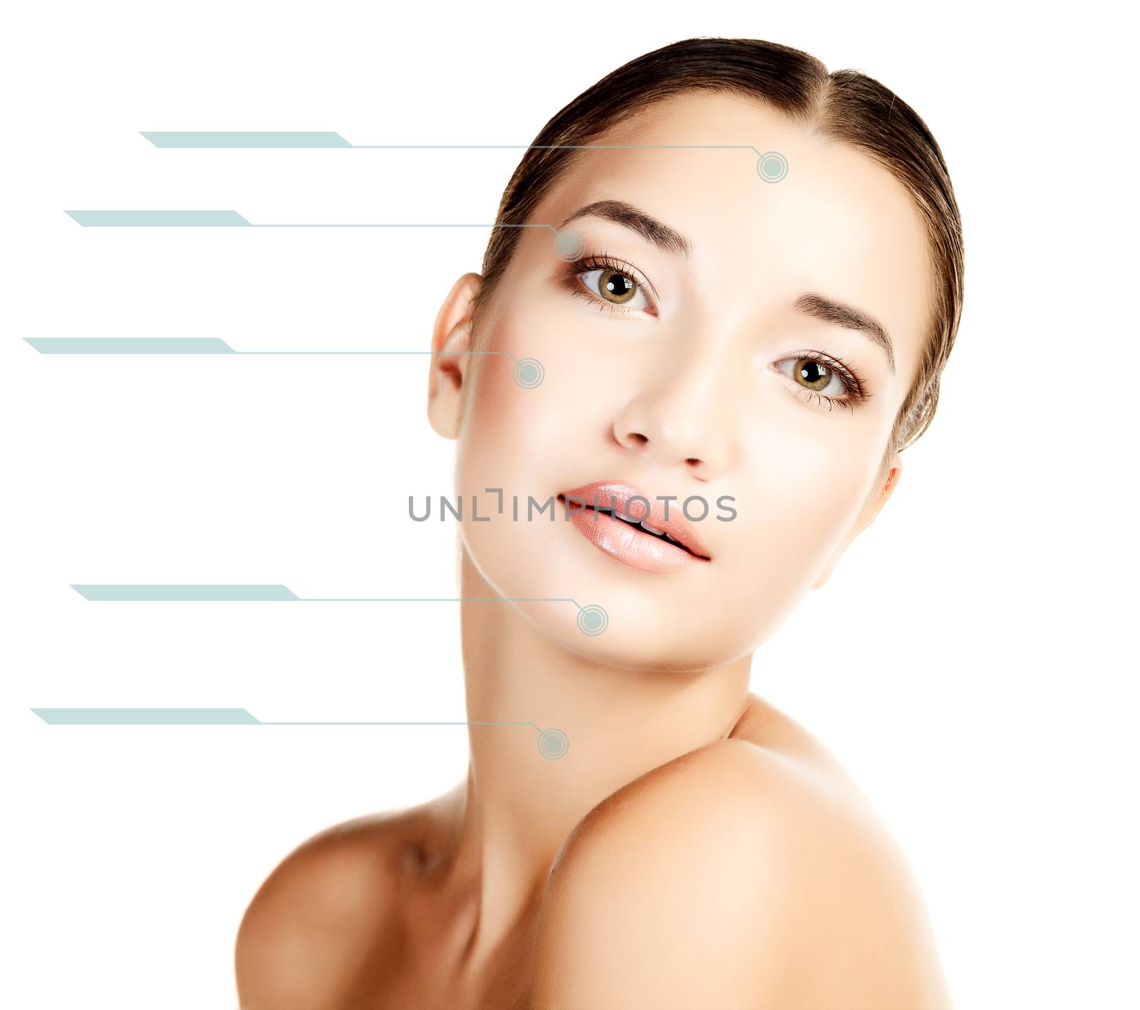 Beautiful girl with clean fresh skin, white background, copyspace.