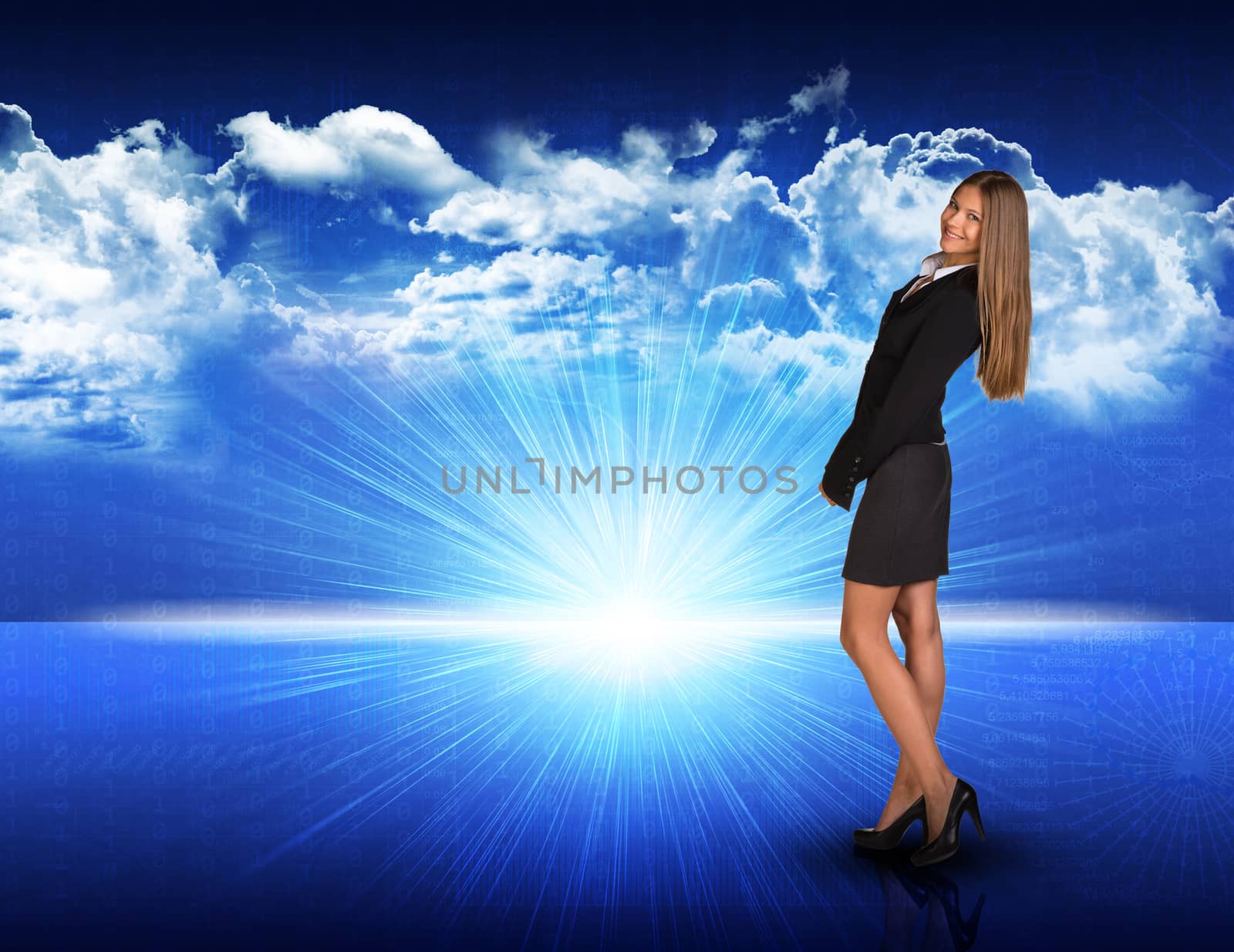 Businesswoman standing against blue landscape with rising sun by cherezoff