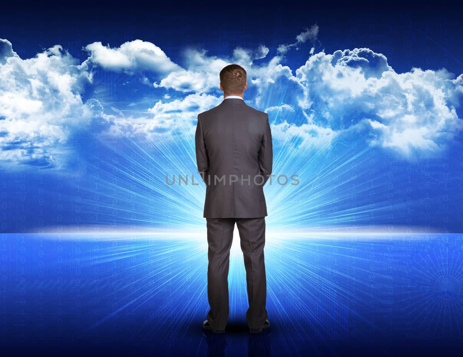 Businessman standing against blue landscape with rising sun by cherezoff