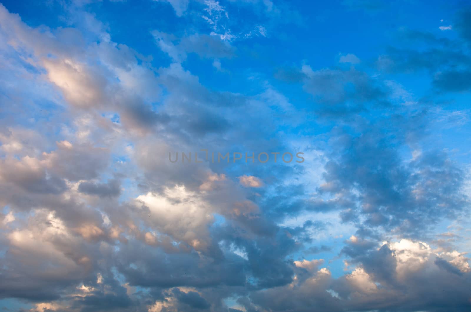 Blue sky with lots of white and gray clouds