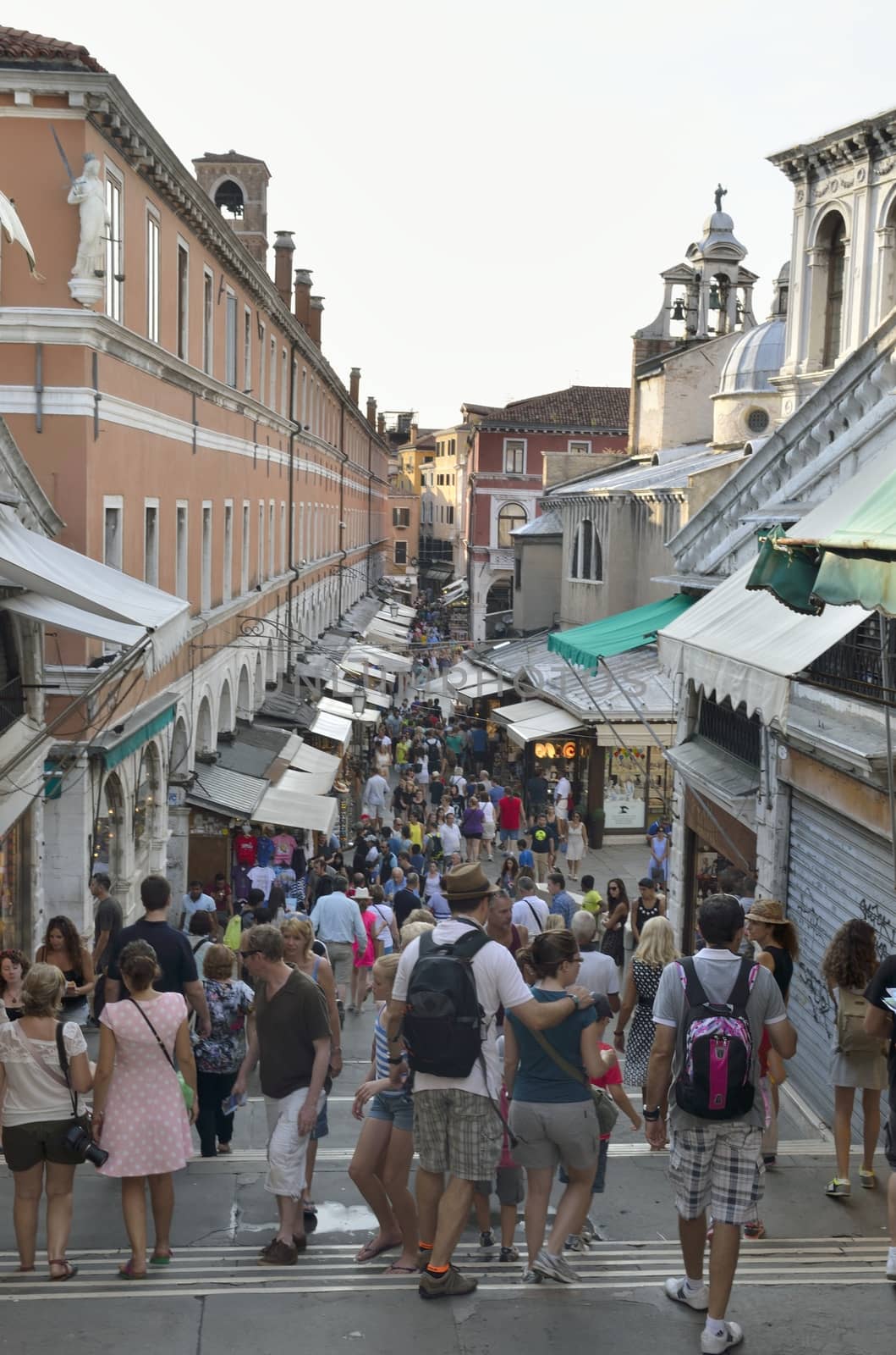 Lots of tourists at  the Rialto market in Venice, Italy.