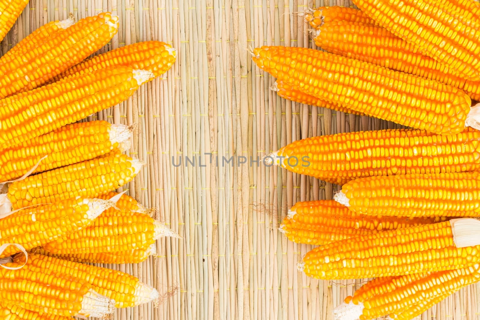 dry corn on thai traditional mat with copyspace in the middle, background