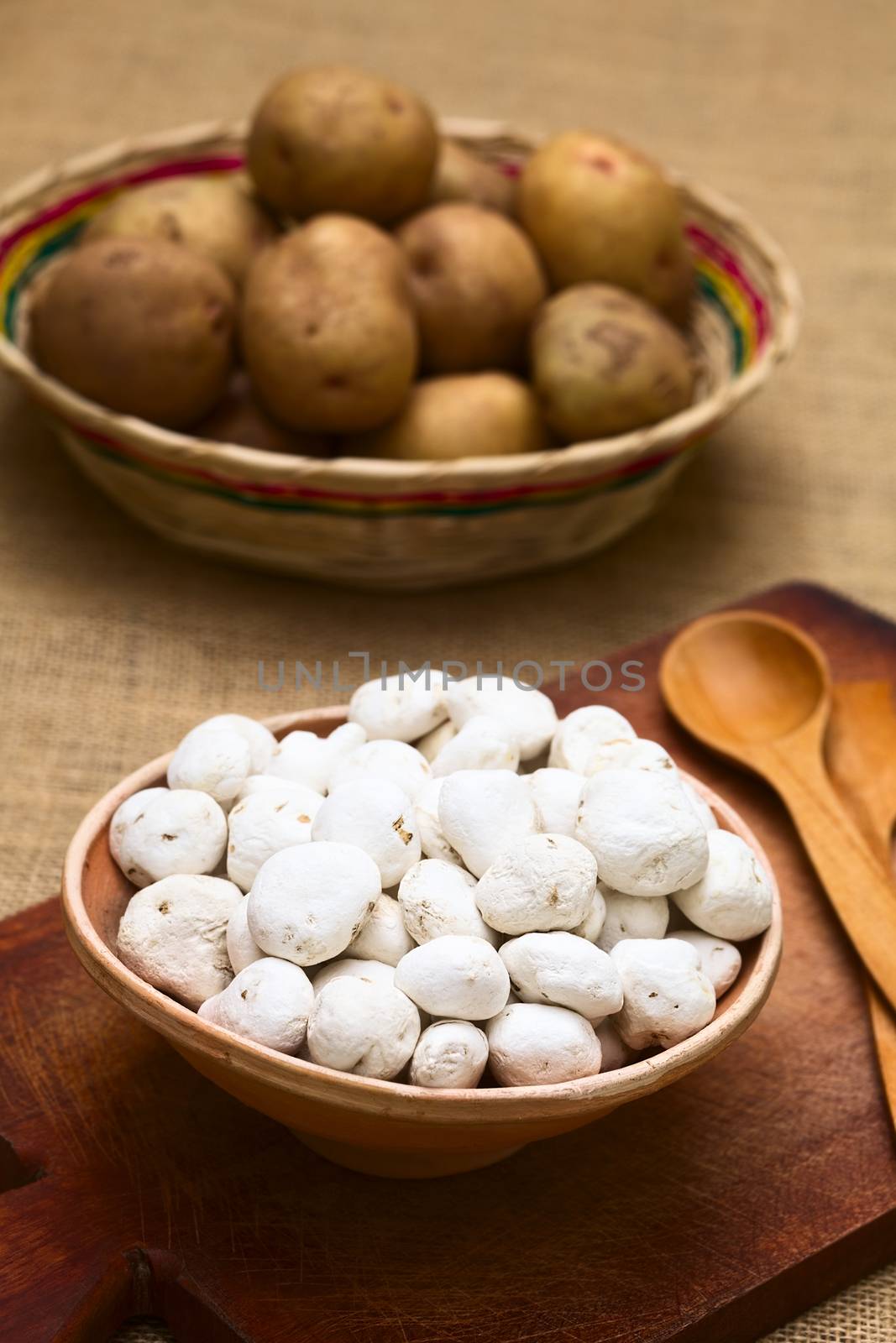 Tunta, also called white chuno or moraya, is a freeze-dried (dehydrated) potato made in the Andes region, mainly Bolivia and Peru. The potato is durable for a long time this way. Tunta and chuno are used in many traditional dishes in Bolivia (Selective Focus, Focus one third into the bowl) (Photographed with natural light)