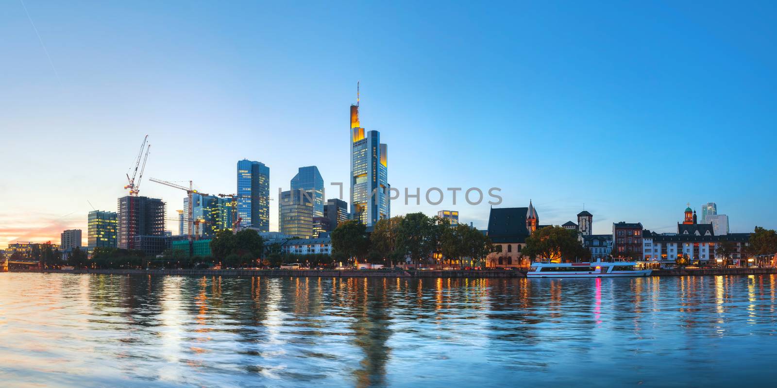 Panoramic overview of Frankfurt am Main cityscape in the evening
