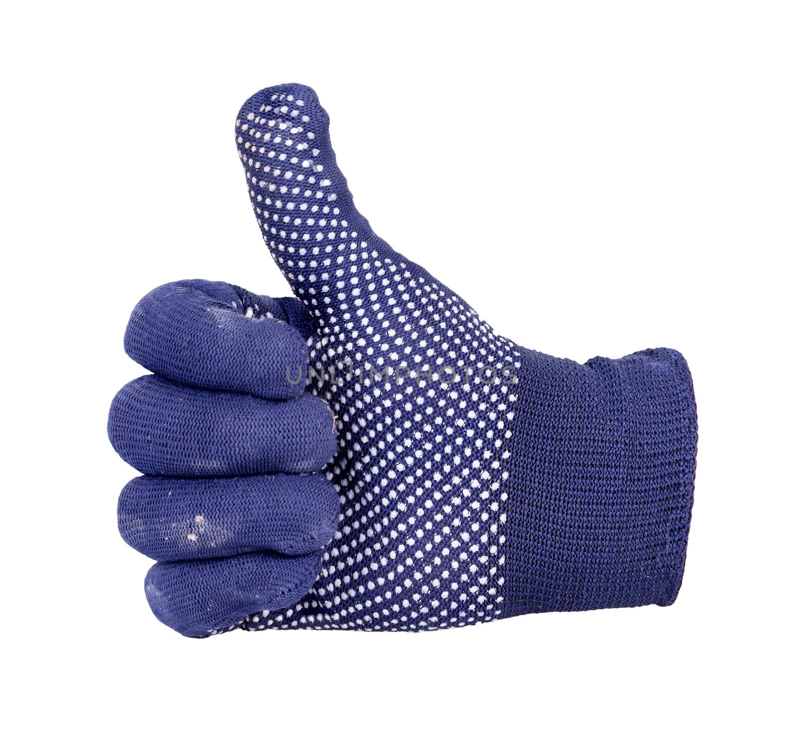 Thumb up showing by hand with blue and white dot knitting wool glove isolated on white background