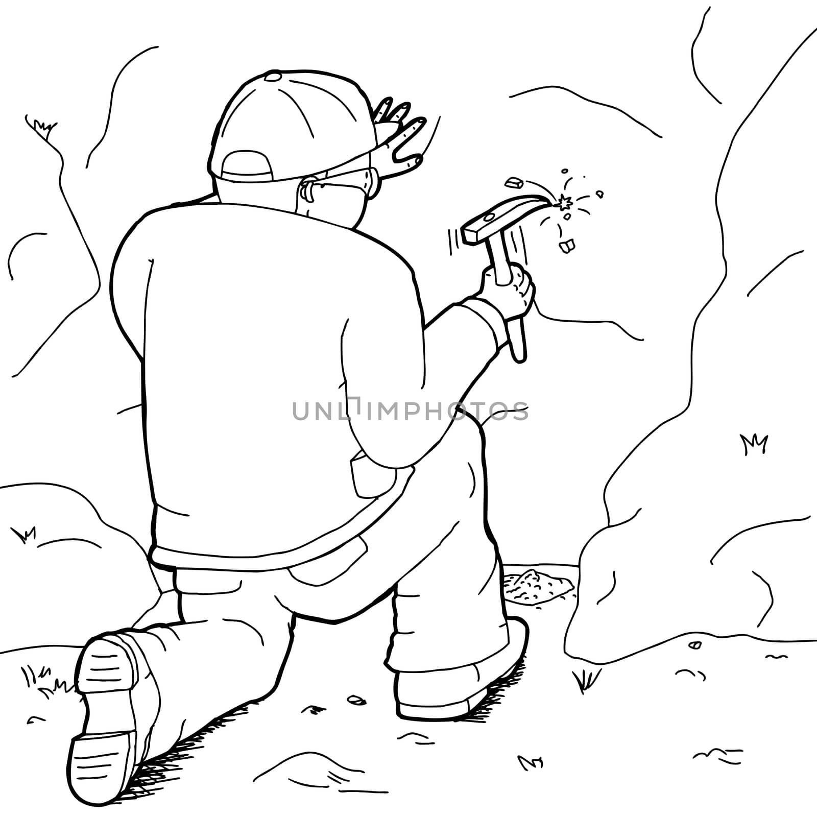 Outline cartoon of geologist with rock hammer collecting specimens