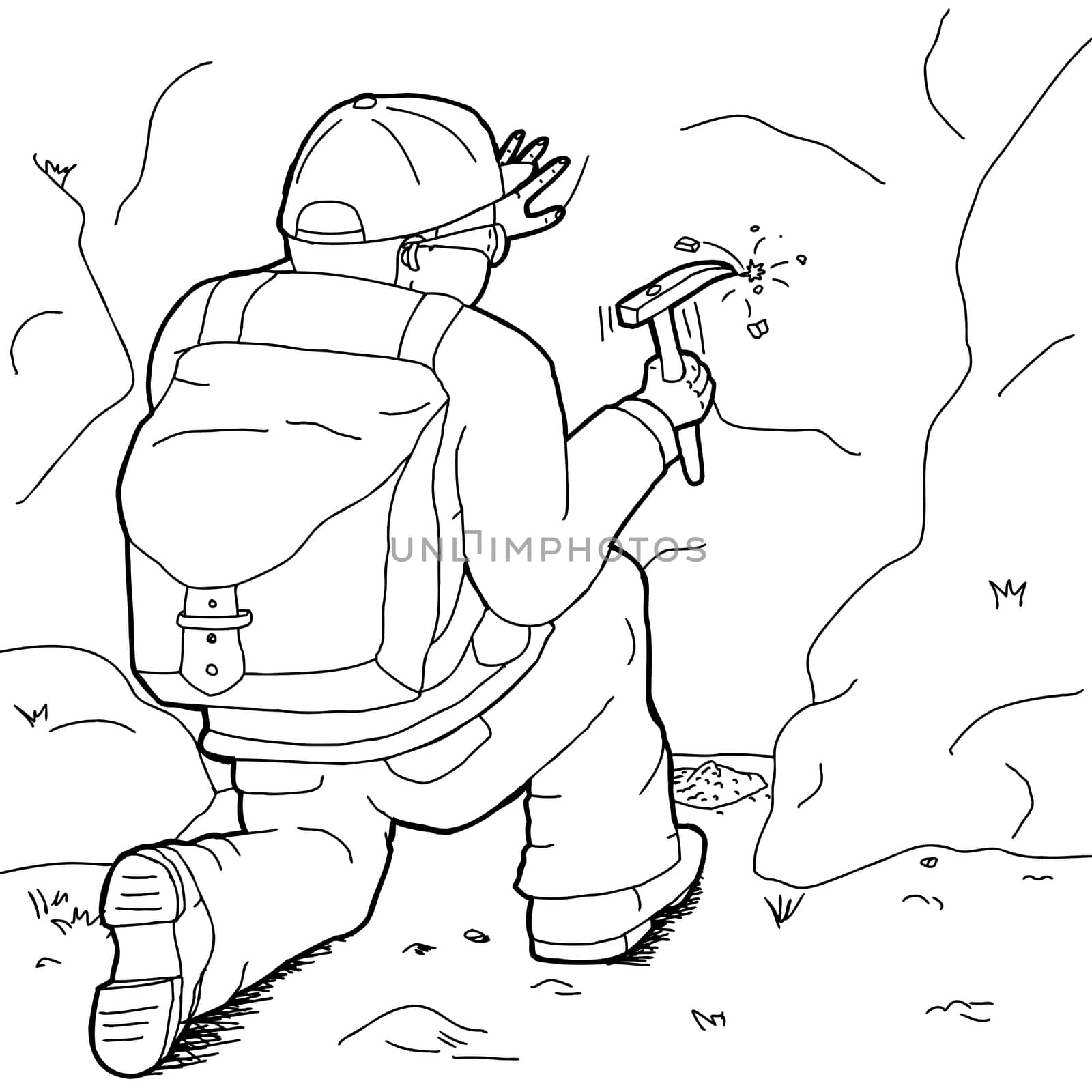 Outline of male geologist with backpack and rock hammer