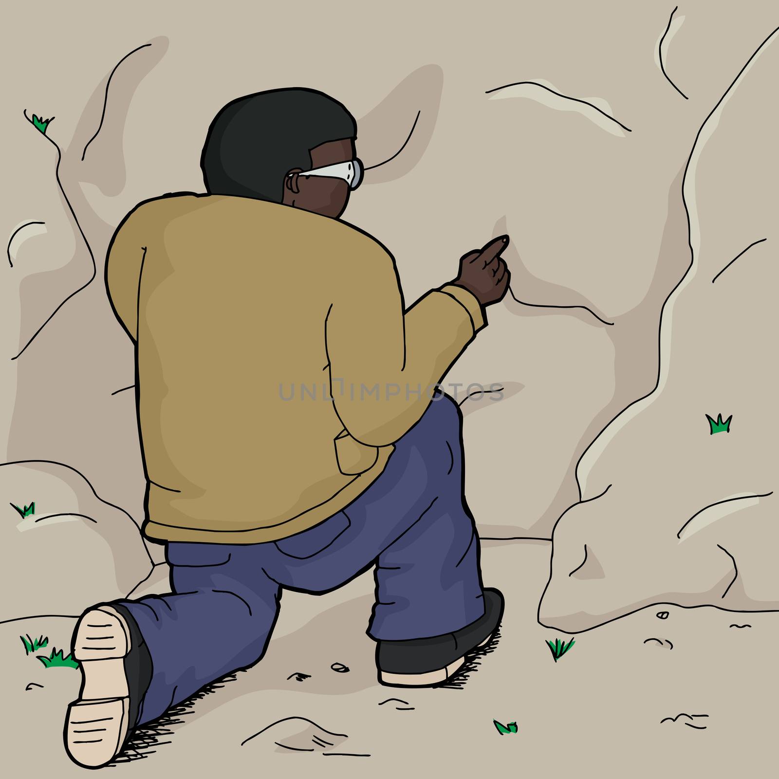 Cartoon of single man poking rock with finger