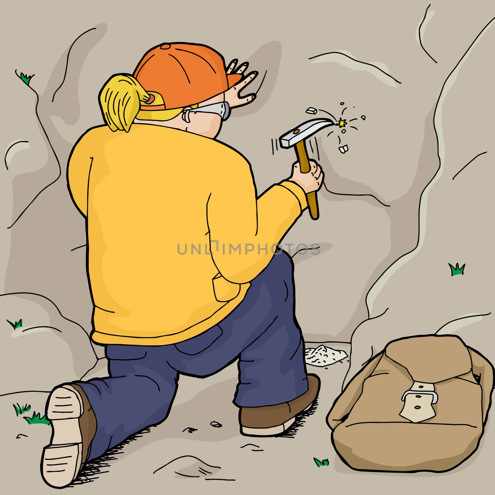 Rear view of Caucasian female geologist collecting samples