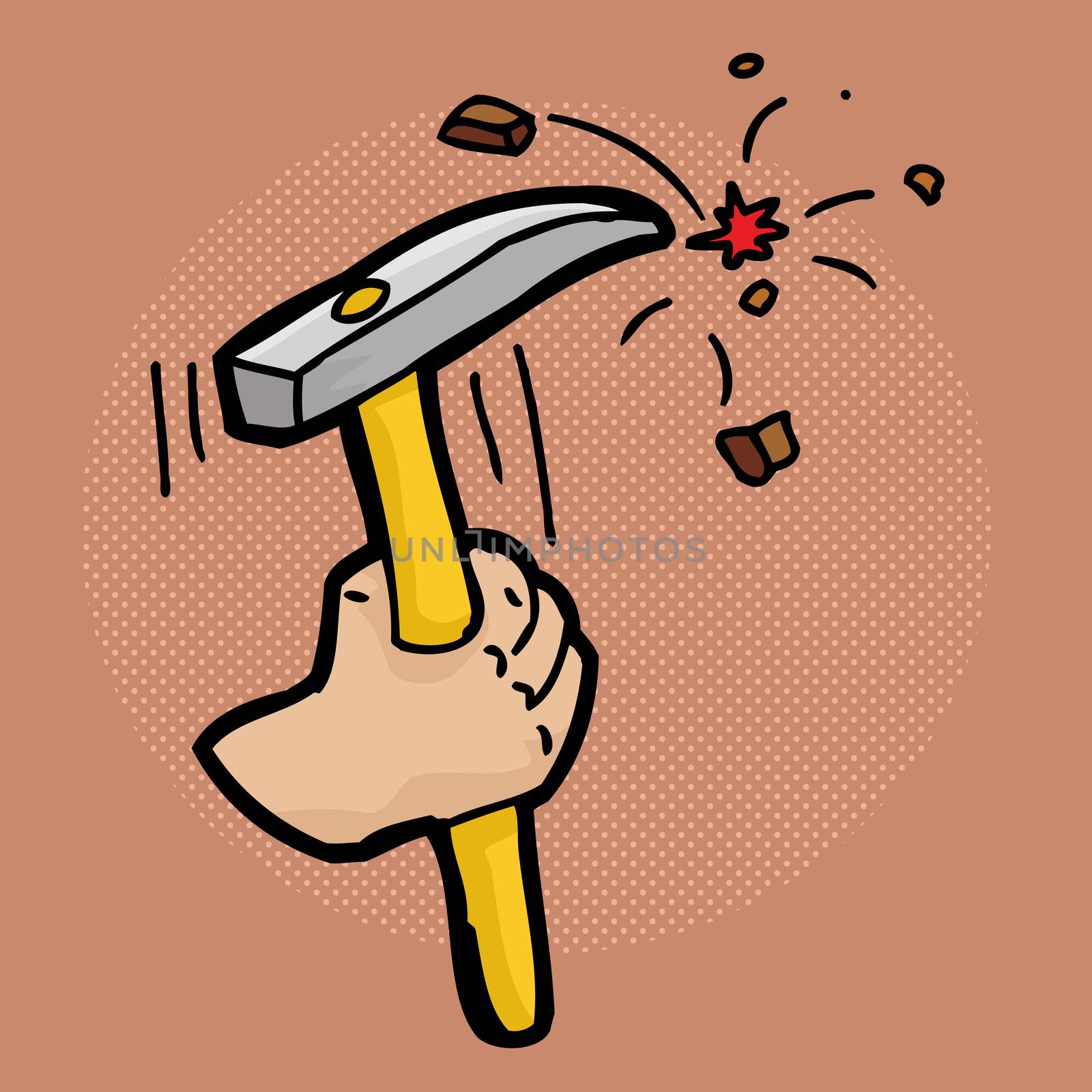 Close up cartoon of hand using a chisel