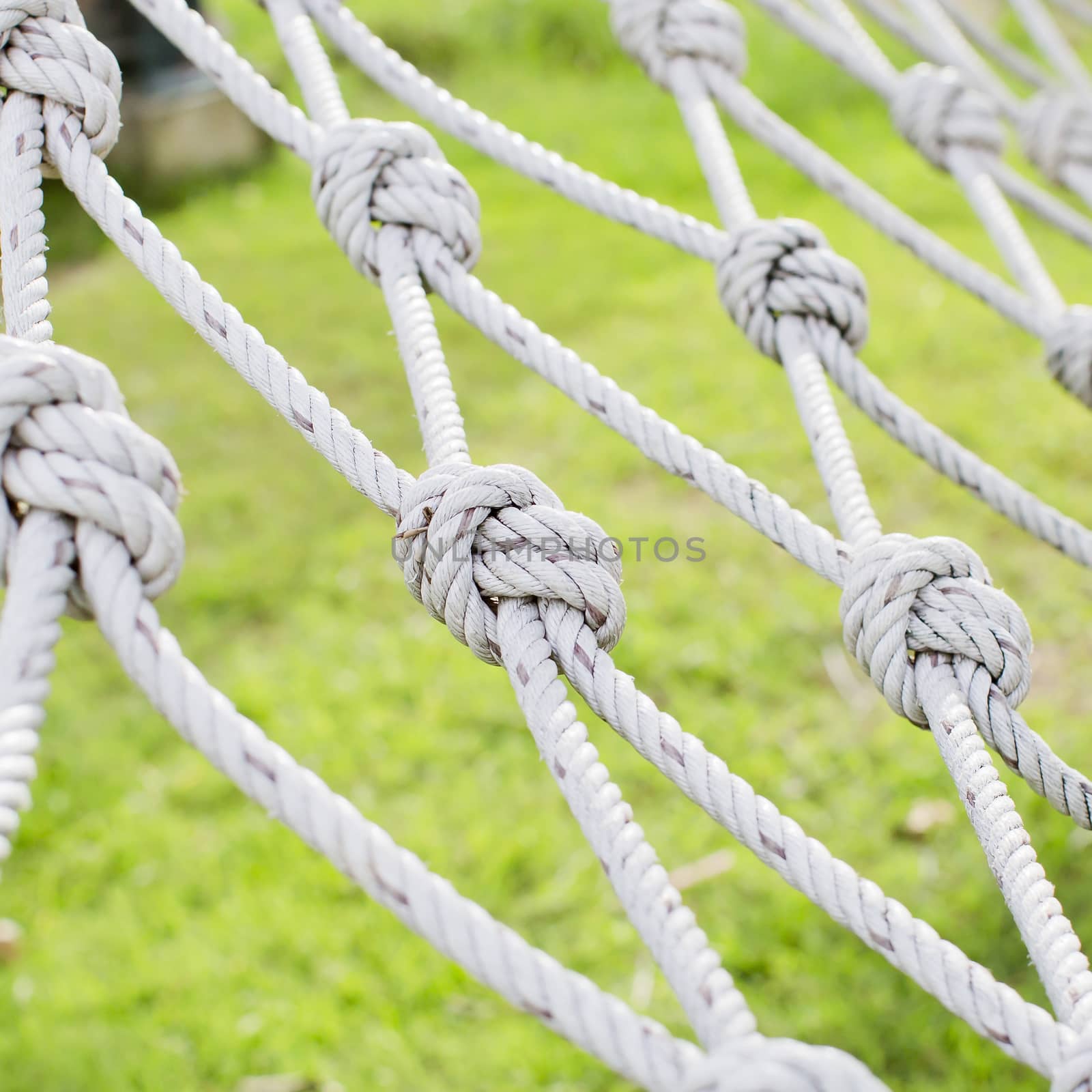 View through the safety net at the green grass background