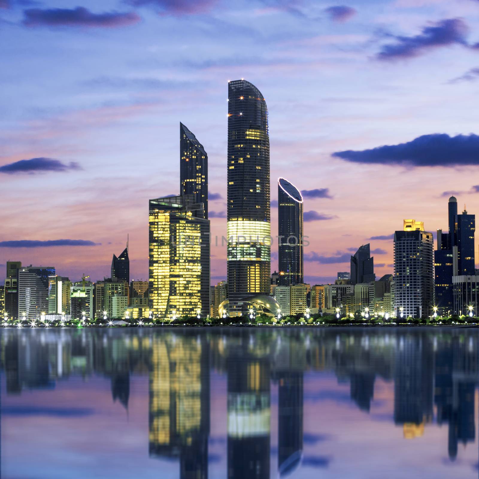 Abu Dhabi Skyline at sunset, United Arab Emirates 