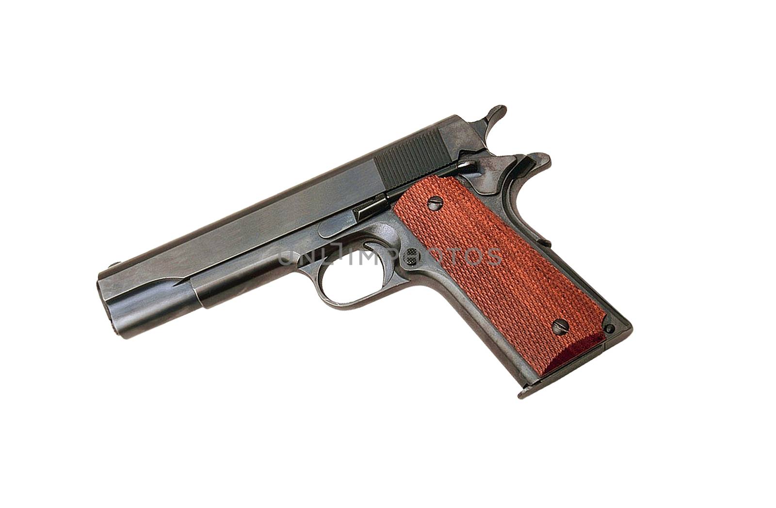 Closeup of pistol isolated on white background