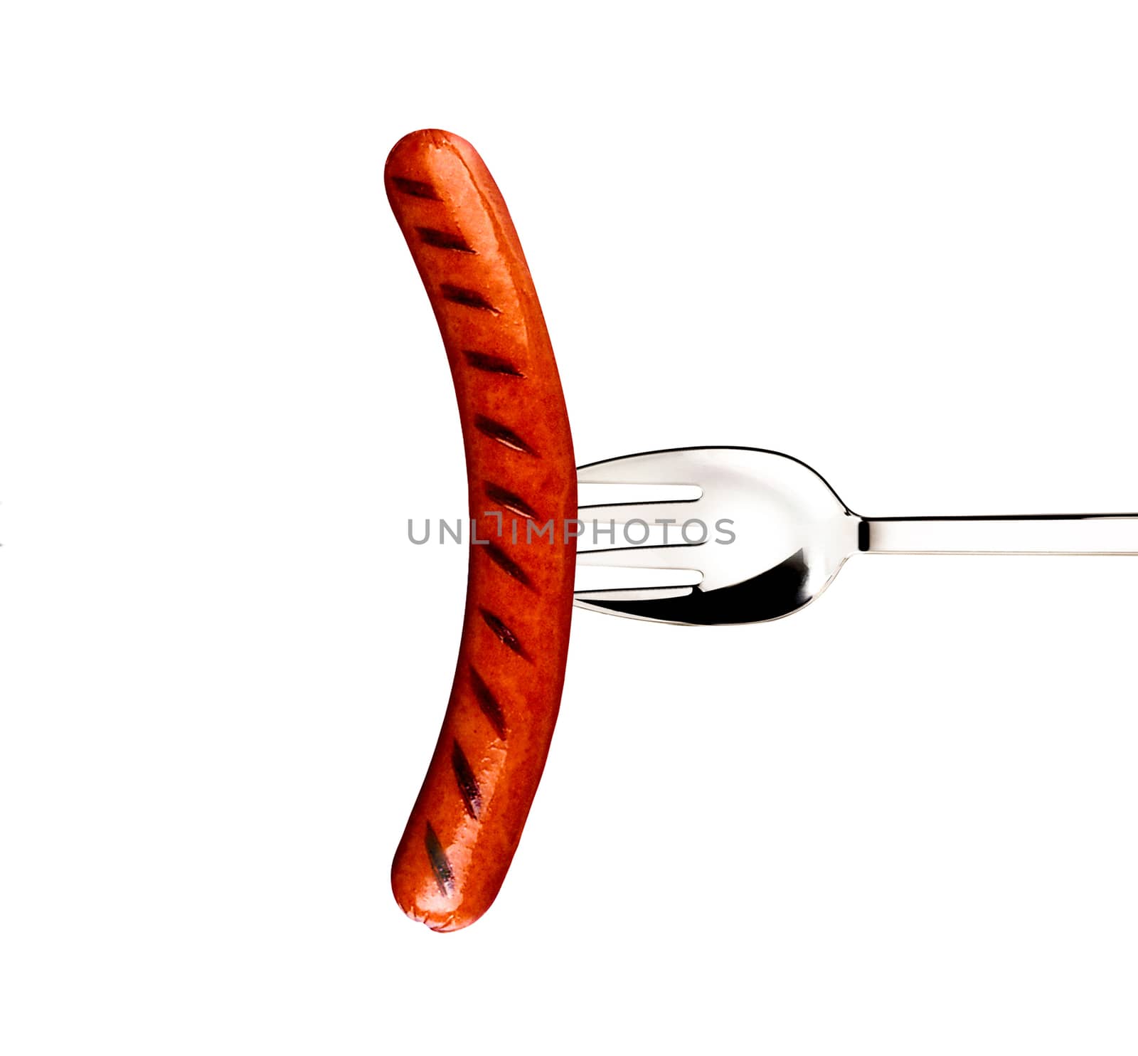 Pork sausage with fork isolated on a white background