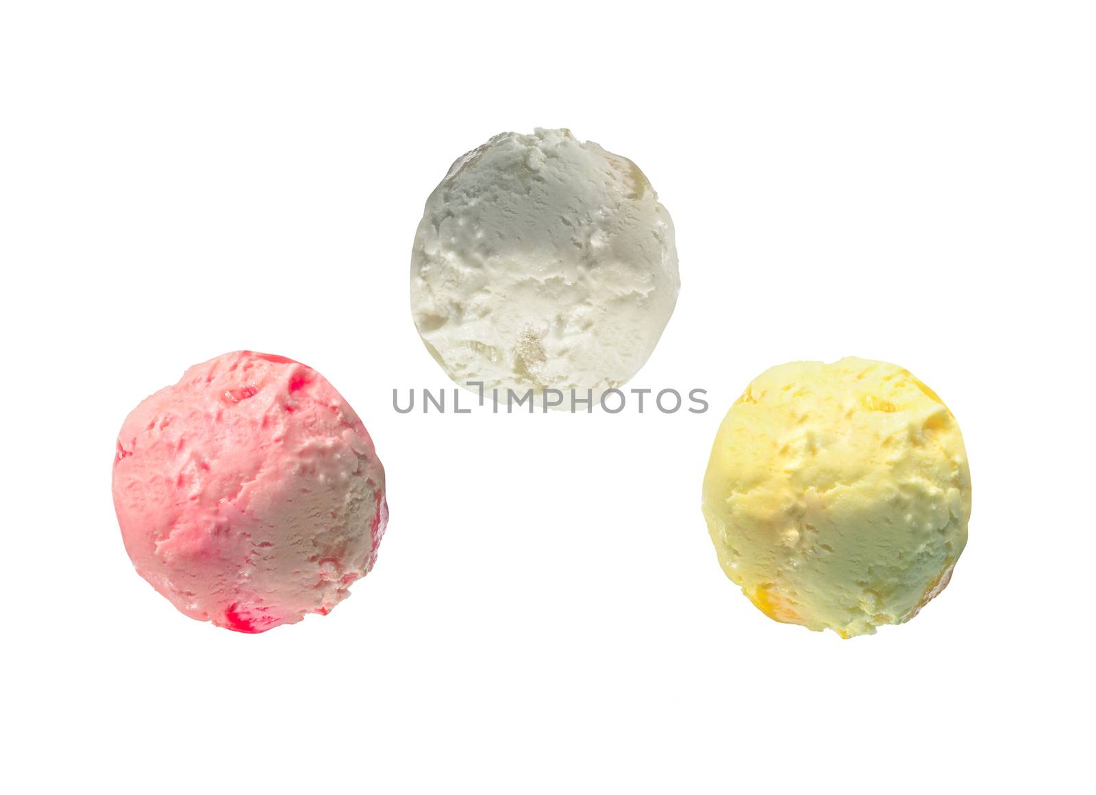 Three isolated scoops of ice cream from side