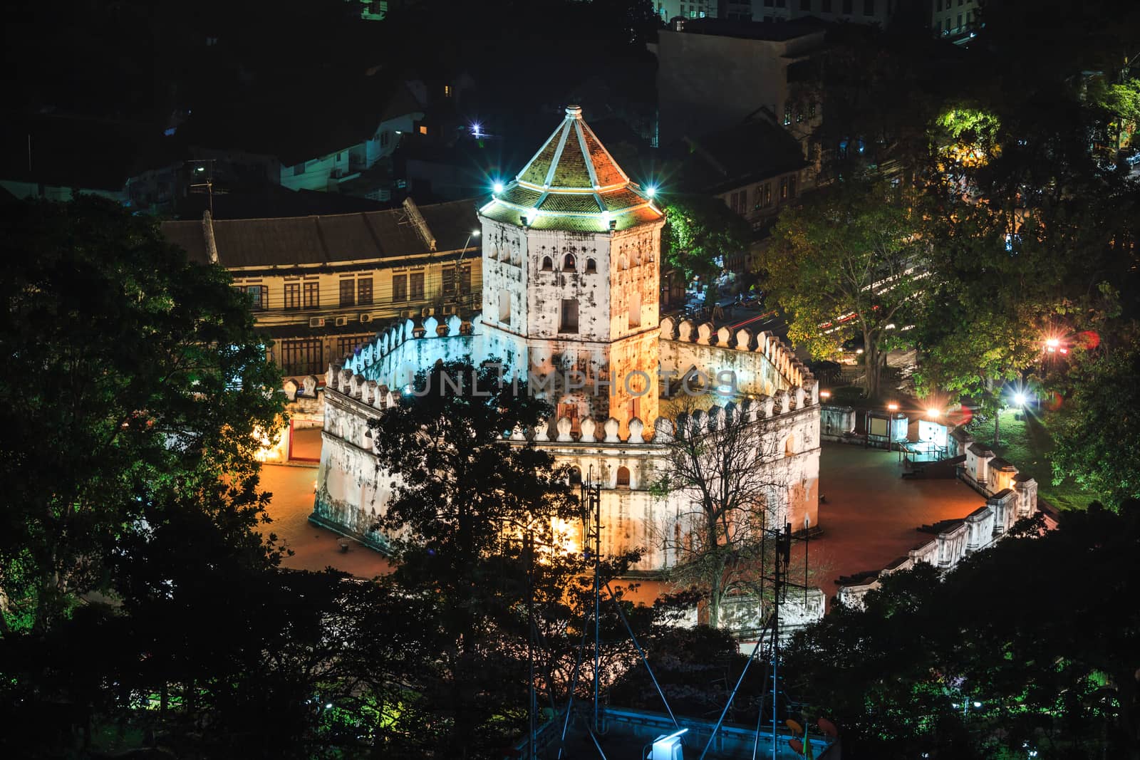 Night Scene of Phra Sumen Fort in Bangkok, Thailand